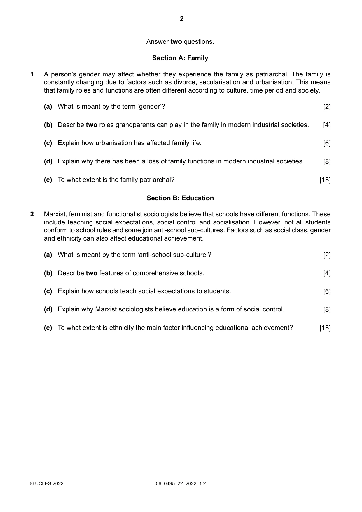 Cambridge IGCSE Sociology 0495 2022 May/June Paper 2 · Variant 2 question paper, page 2 of 4