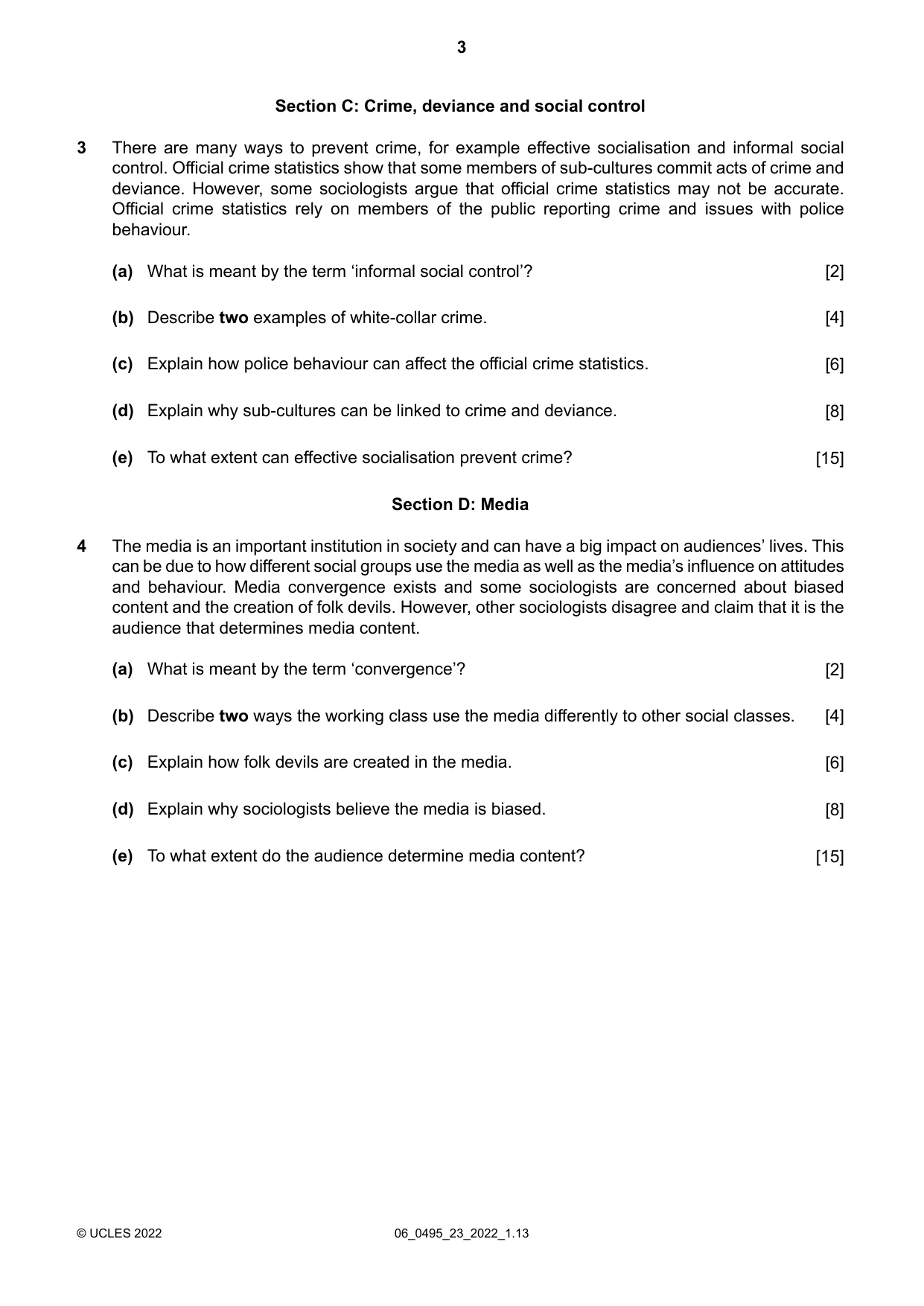 Cambridge IGCSE Sociology 0495 2022 May/June Paper 2 · Variant 3 question paper, page 3 of 4