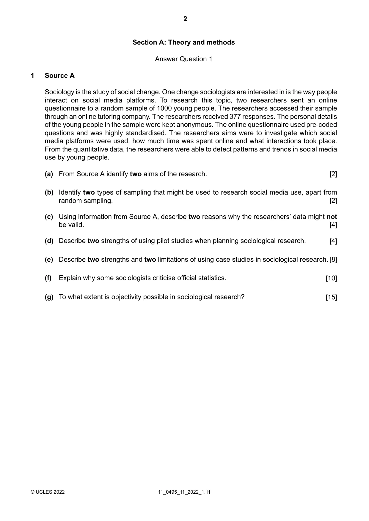 Cambridge IGCSE Sociology 0495 2022 Oct/Nov Paper 1 · Variant 1 question paper, page 2 of 4