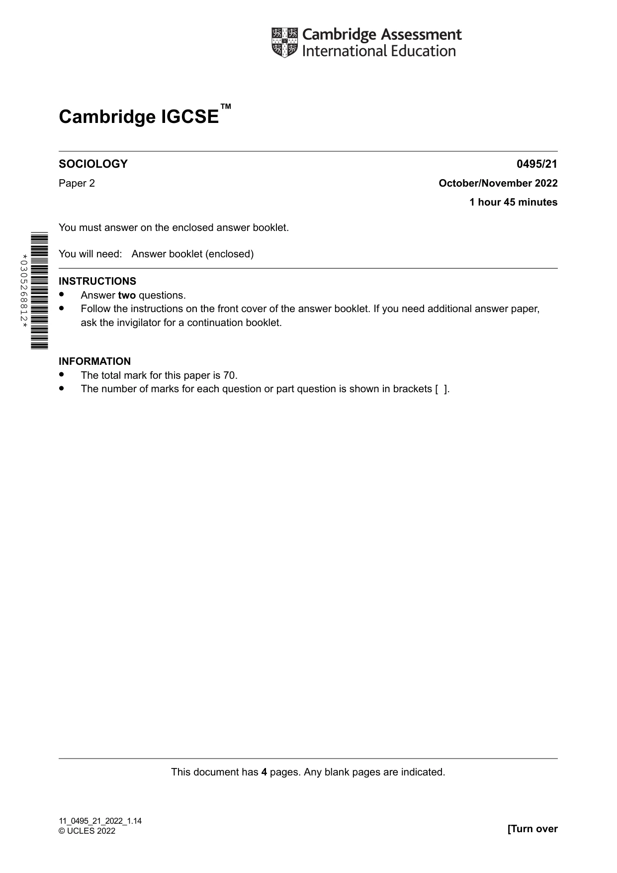 Cambridge IGCSE Sociology 0495 2022 Oct/Nov Paper 2 · Variant 1 question paper, page 1 of 4