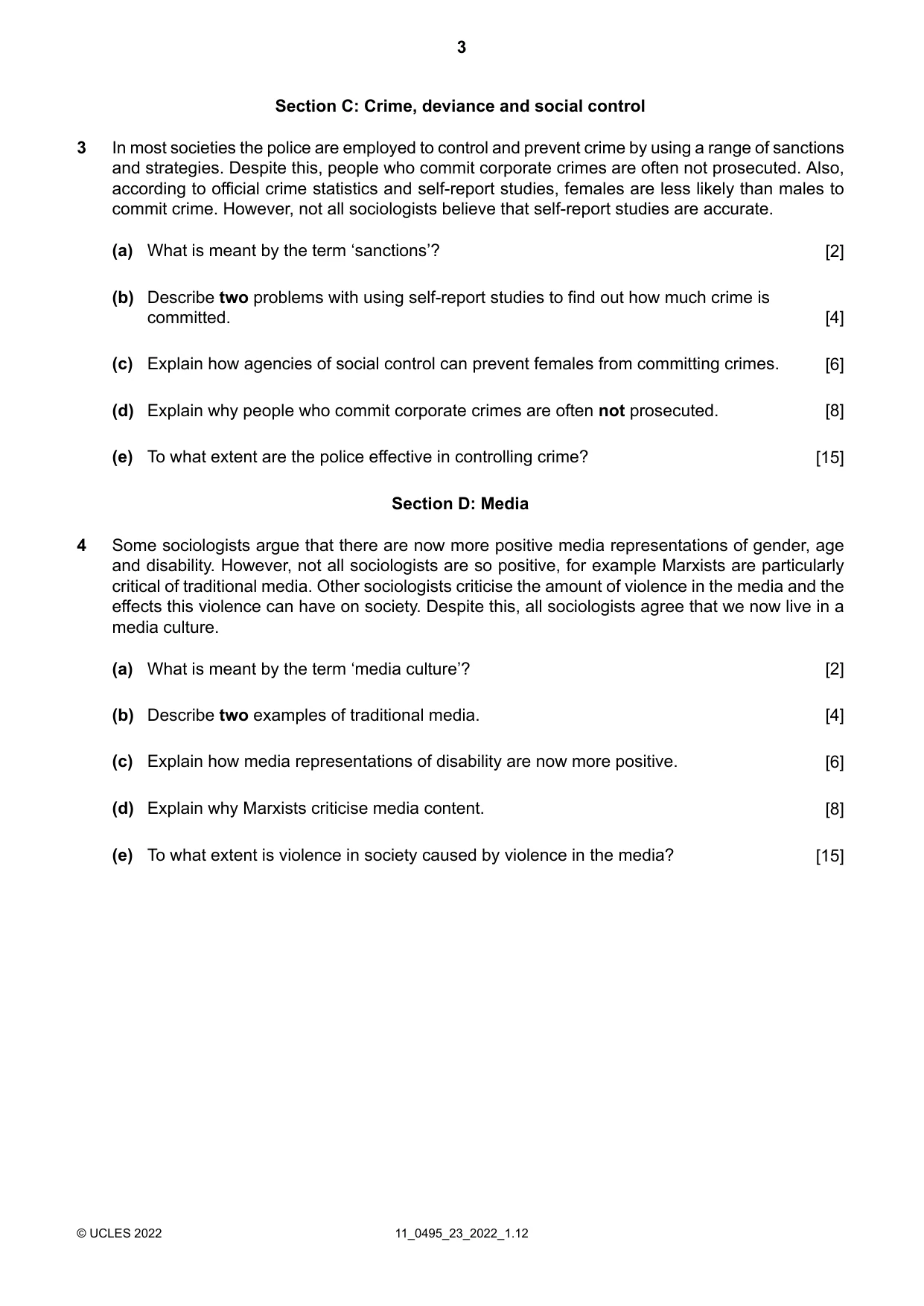 Cambridge IGCSE Sociology 0495 2022 Oct/Nov Paper 2 · Variant 3 question paper, page 3 of 4