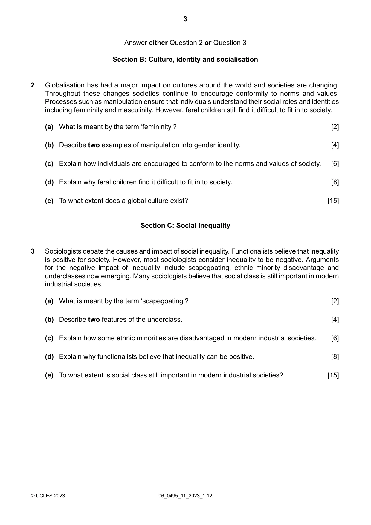 Cambridge IGCSE Sociology 0495 2023 May/June Paper 1 · Variant 1 question paper, page 3 of 4