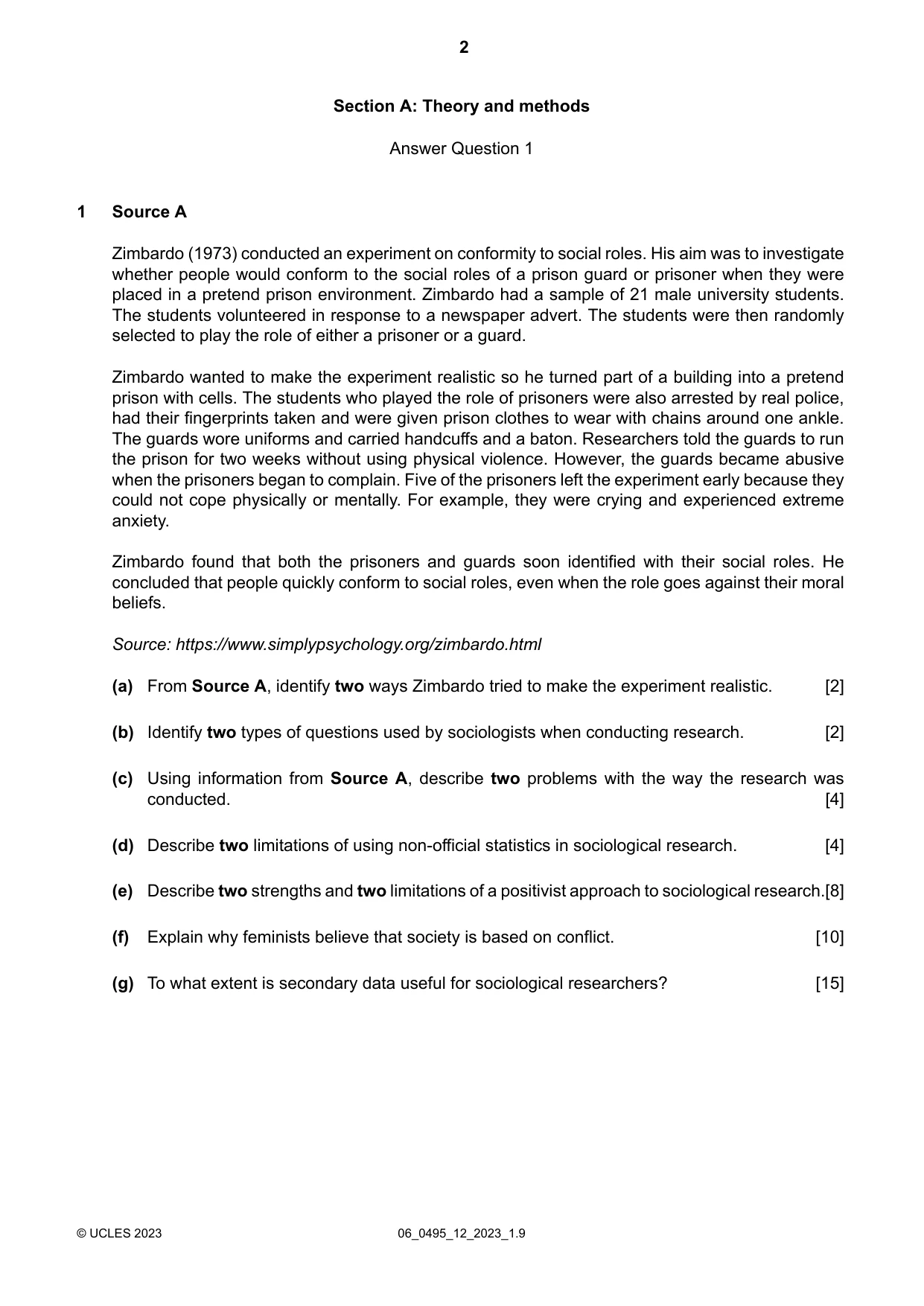 Cambridge IGCSE Sociology 0495 2023 May/June Paper 1 · Variant 2 question paper, page 2 of 4