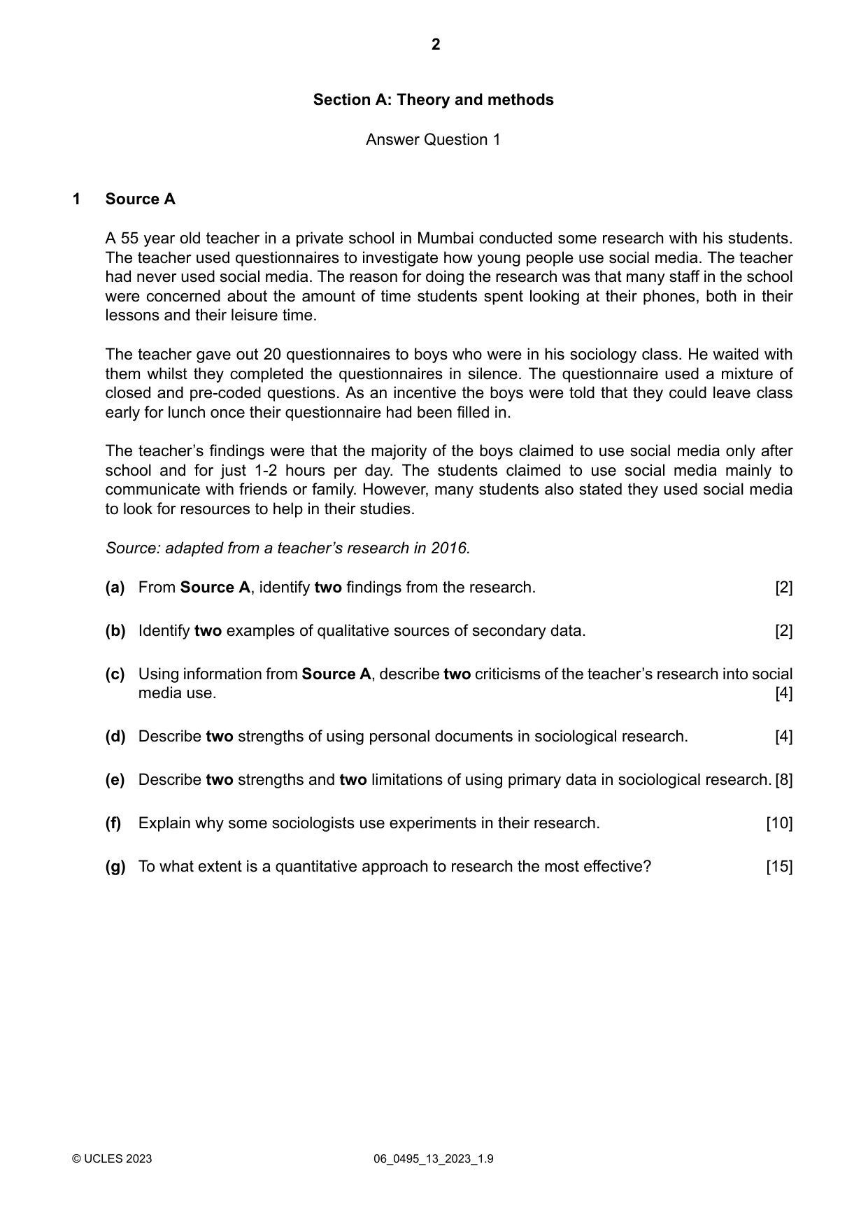 Cambridge IGCSE Sociology 0495 2023 May/June Paper 1 · Variant 3 question paper, page 2 of 4