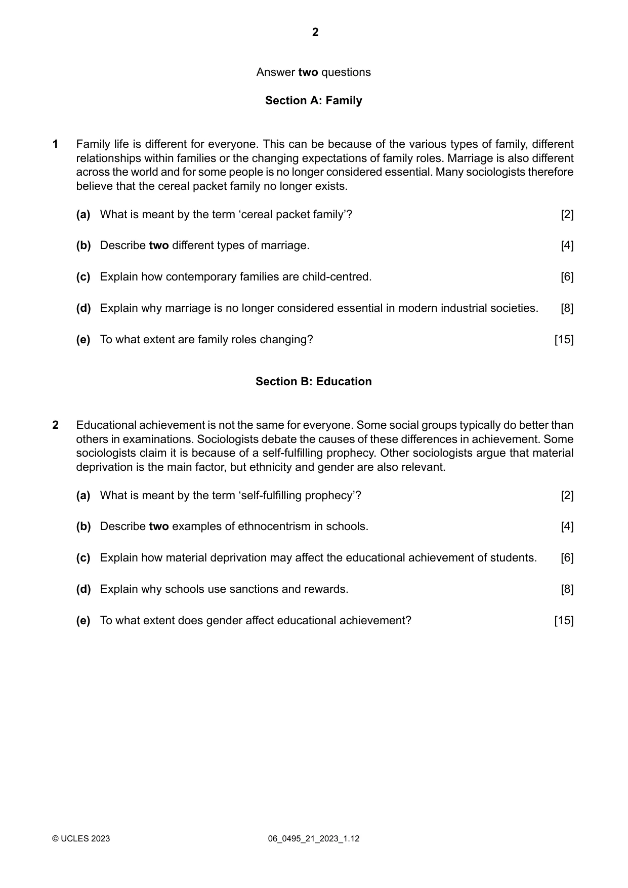 Cambridge IGCSE Sociology 0495 2023 May/June Paper 2 · Variant 1 question paper, page 2 of 4