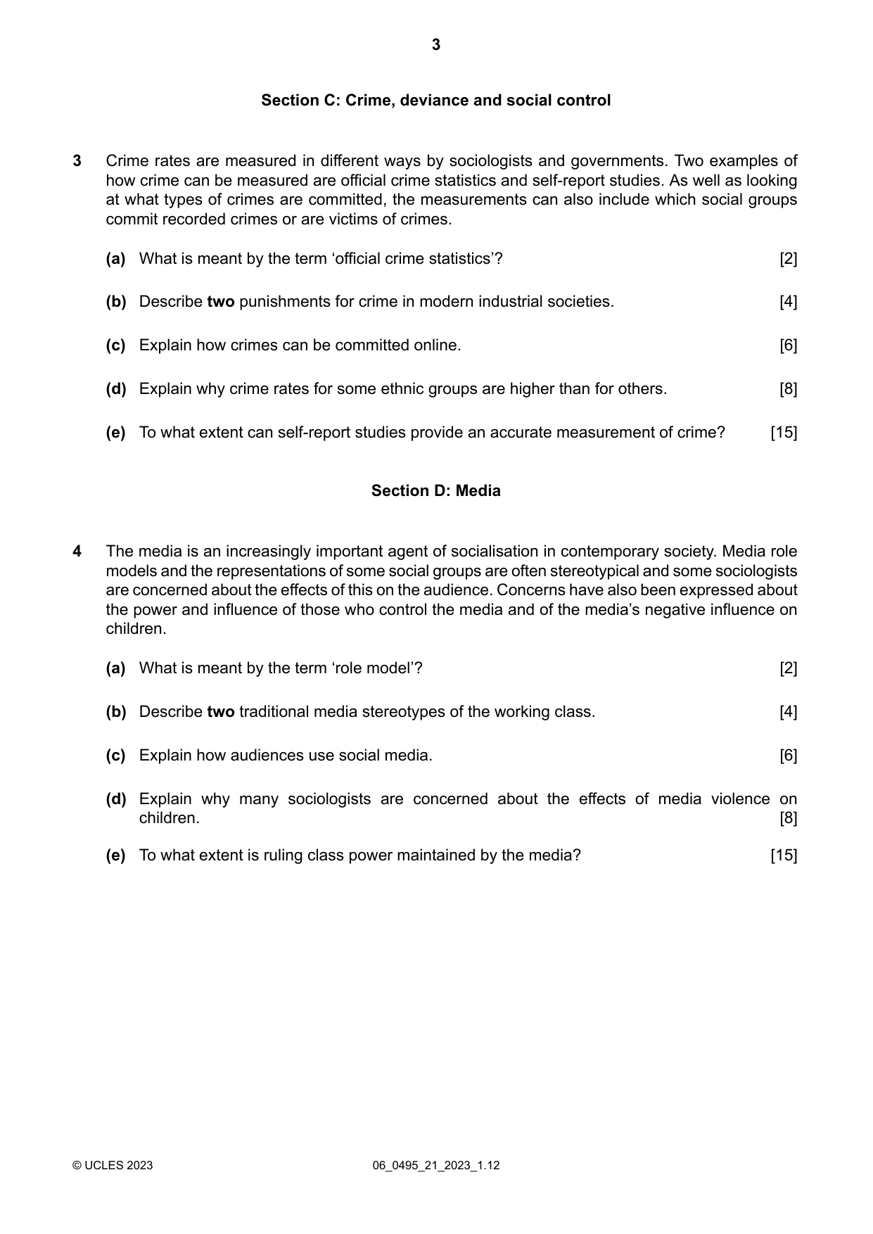 Cambridge IGCSE Sociology 0495 2023 May/June Paper 2 · Variant 1 question paper, page 3 of 4