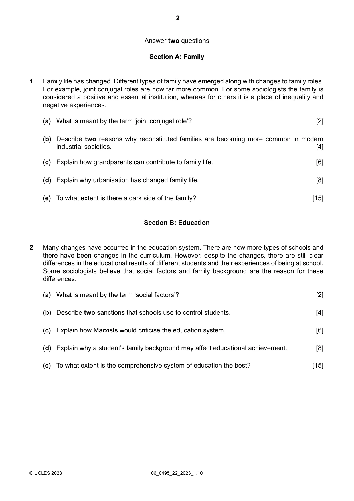 Cambridge IGCSE Sociology 0495 2023 May/June Paper 2 · Variant 2 question paper, page 2 of 4