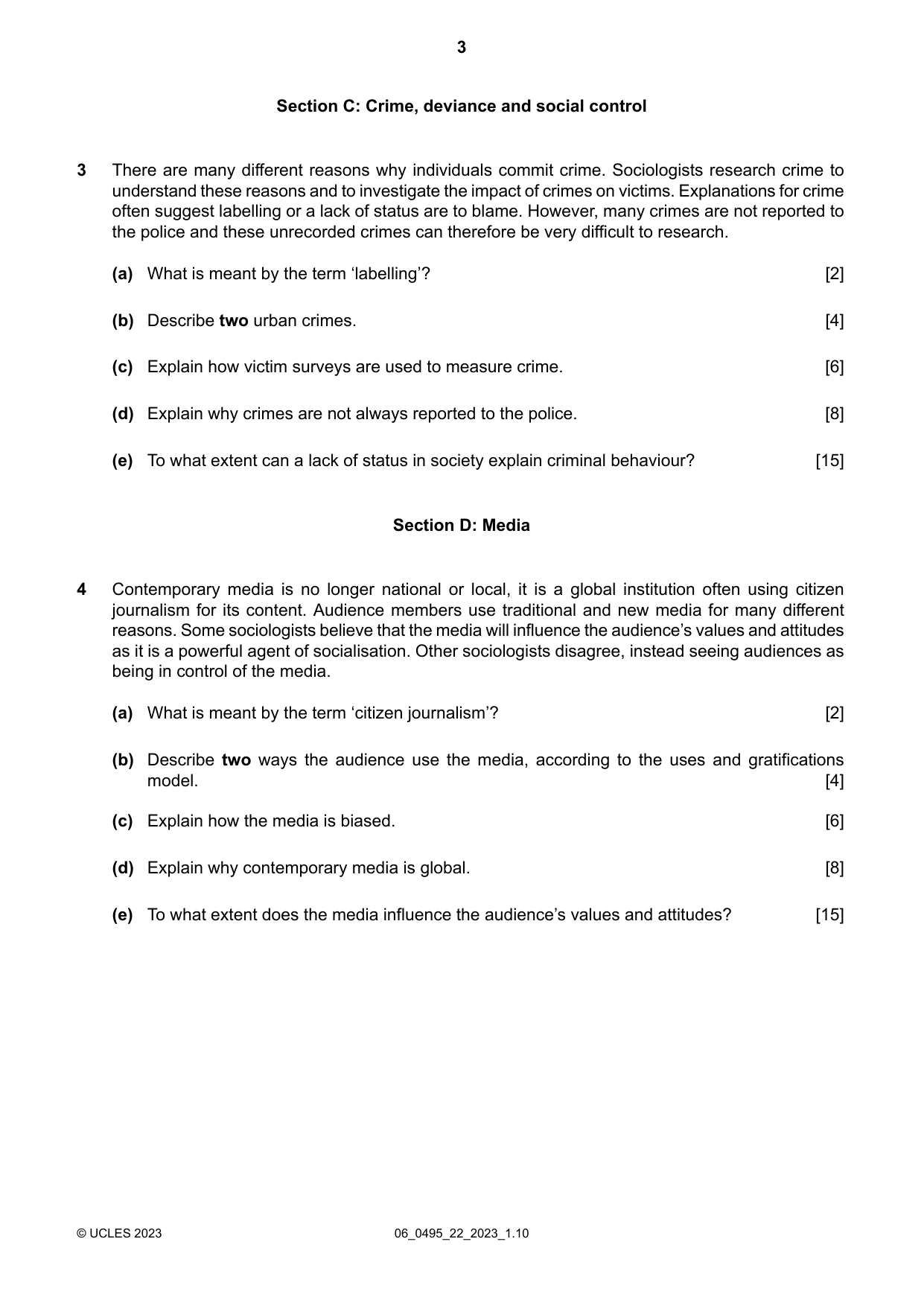 Cambridge IGCSE Sociology 0495 2023 May/June Paper 2 · Variant 2 question paper, page 3 of 4