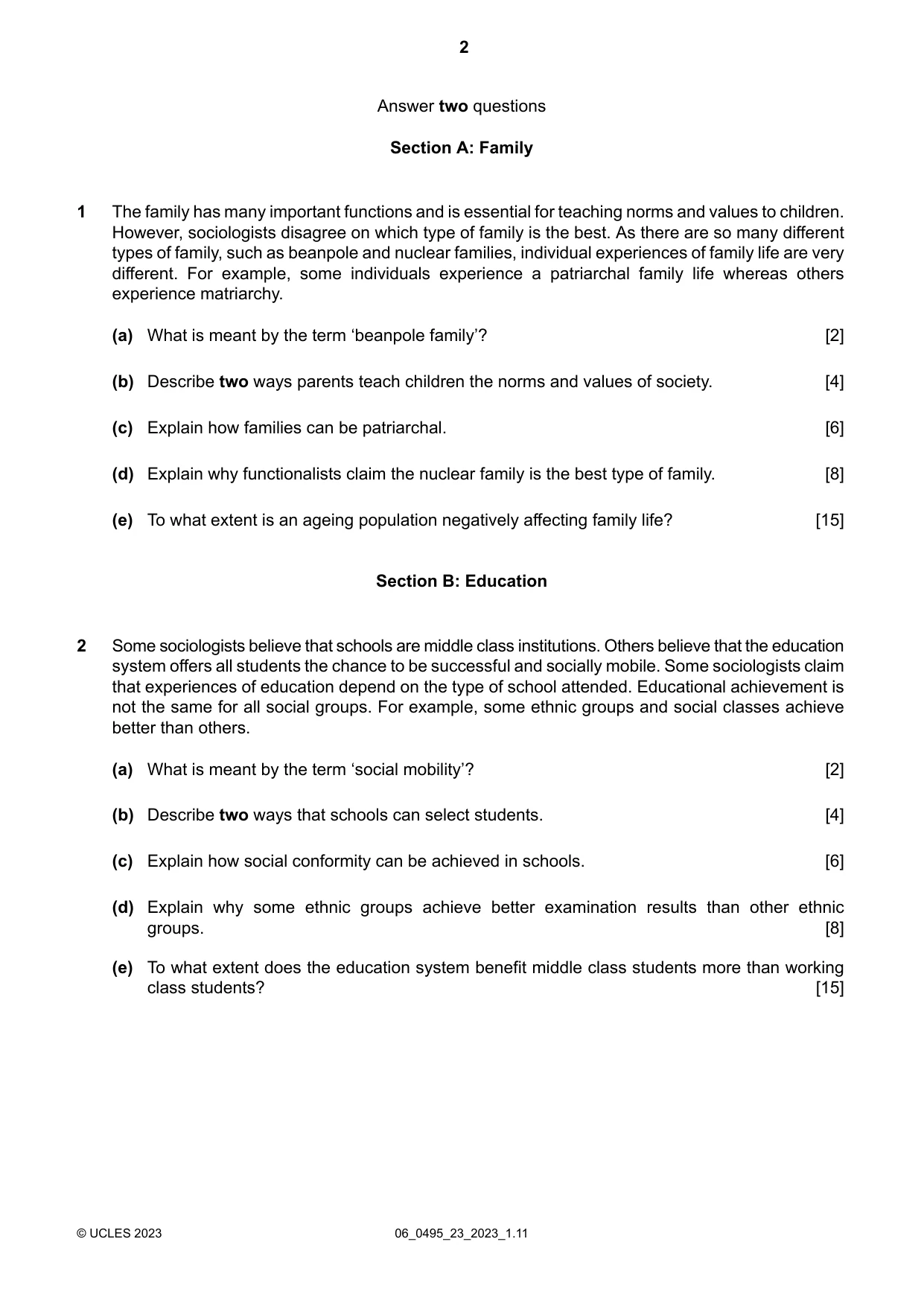 Cambridge IGCSE Sociology 0495 2023 May/June Paper 2 · Variant 3 question paper, page 2 of 4