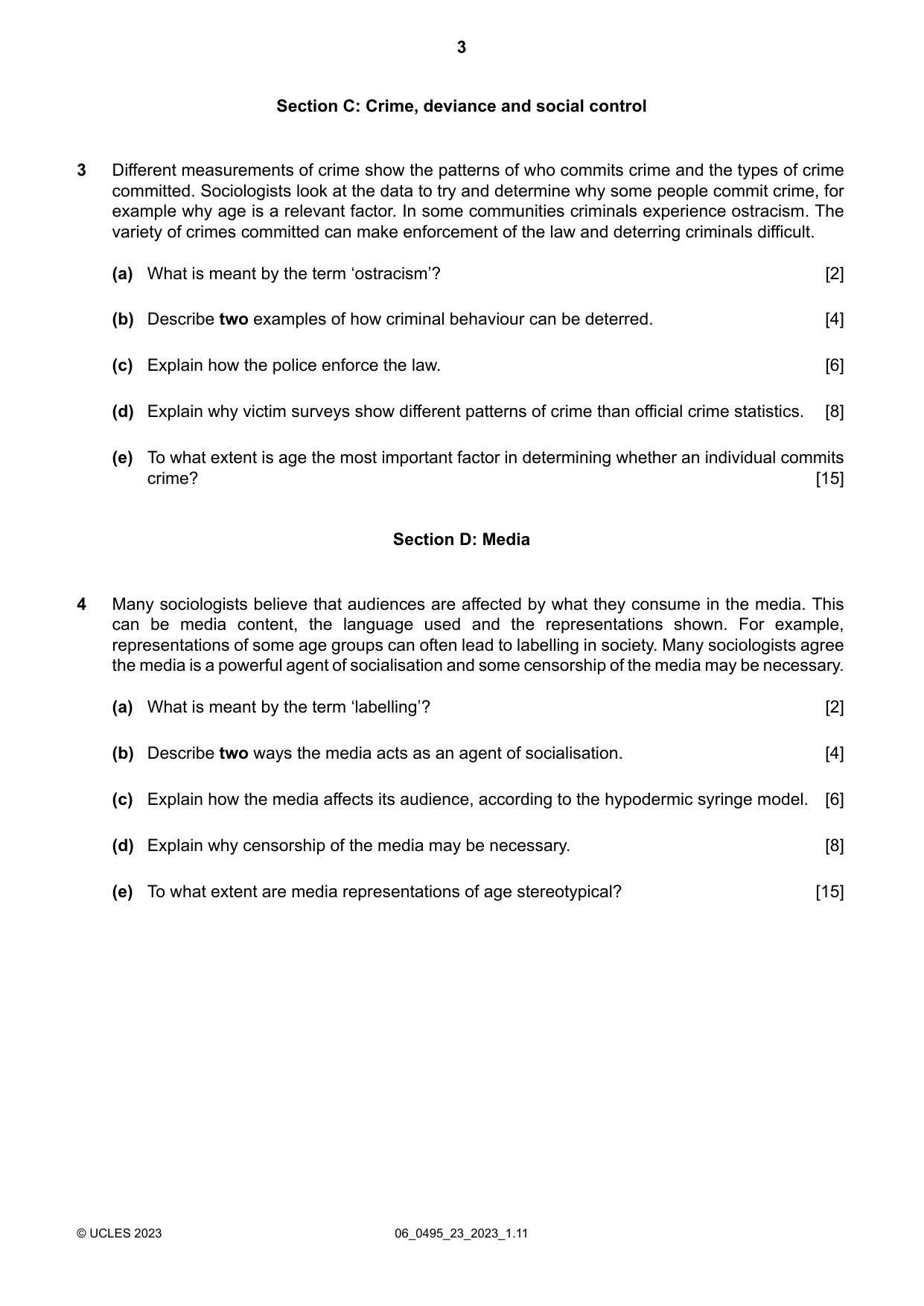 Cambridge IGCSE Sociology 0495 2023 May/June Paper 2 · Variant 3 question paper, page 3 of 4