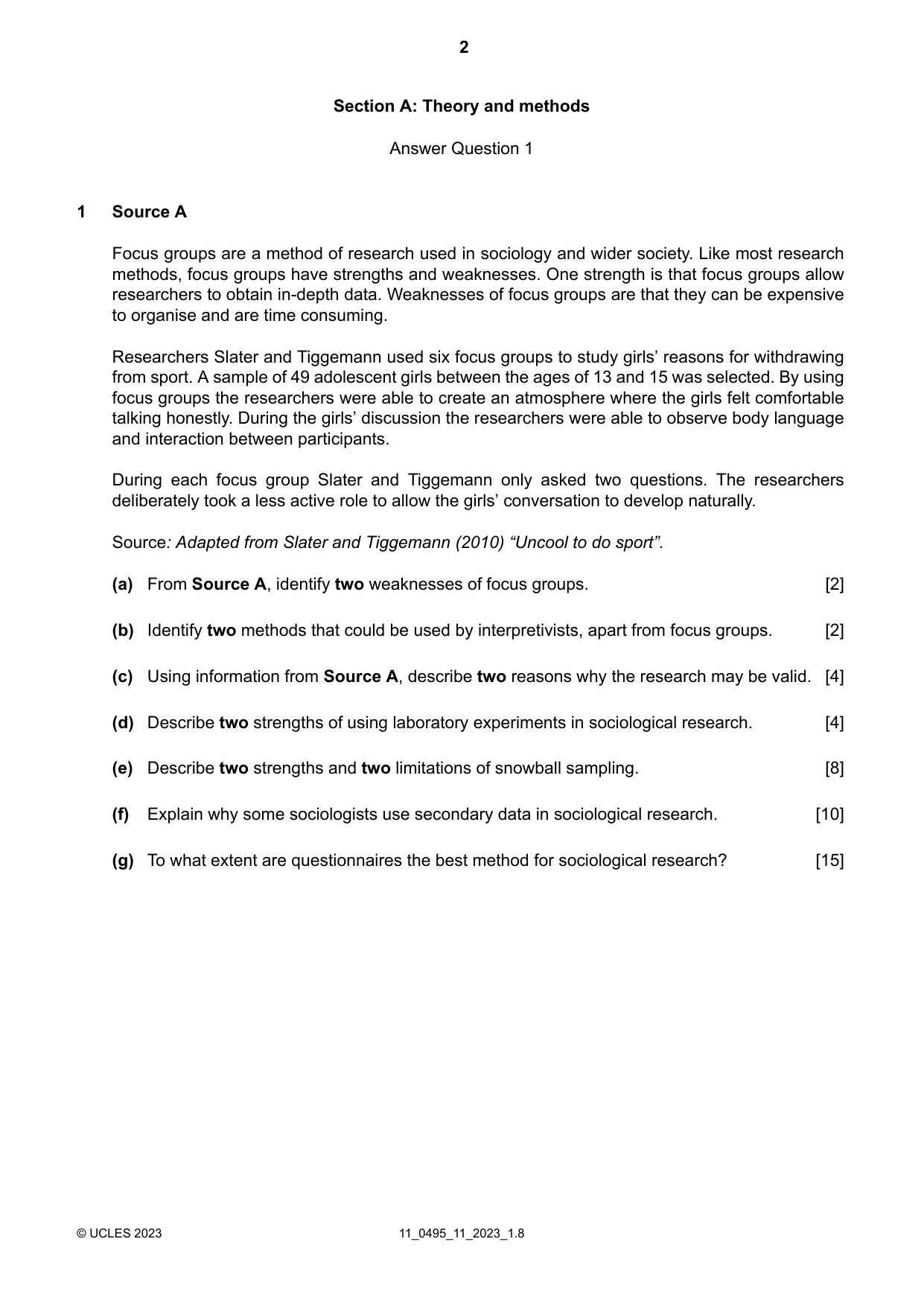 Cambridge IGCSE Sociology 0495 2023 Oct/Nov Paper 1 · Variant 1 question paper, page 2 of 4