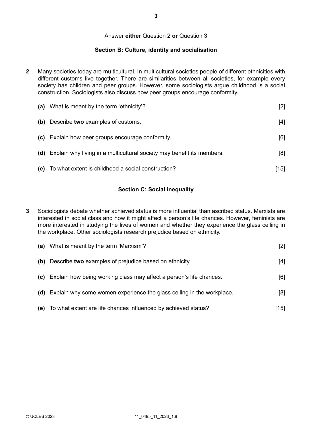 Cambridge IGCSE Sociology 0495 2023 Oct/Nov Paper 1 · Variant 1 question paper, page 3 of 4