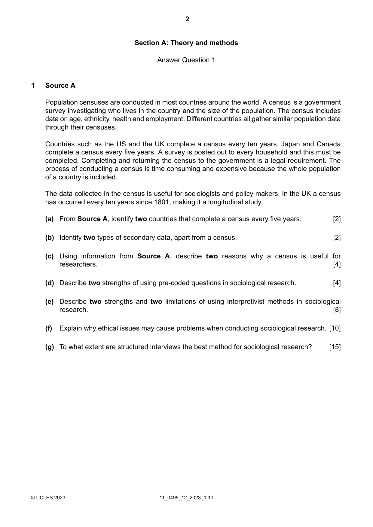 Cambridge IGCSE Sociology 0495 2023 Oct/Nov Paper 1 · Variant 2 question paper, page 2 of 4