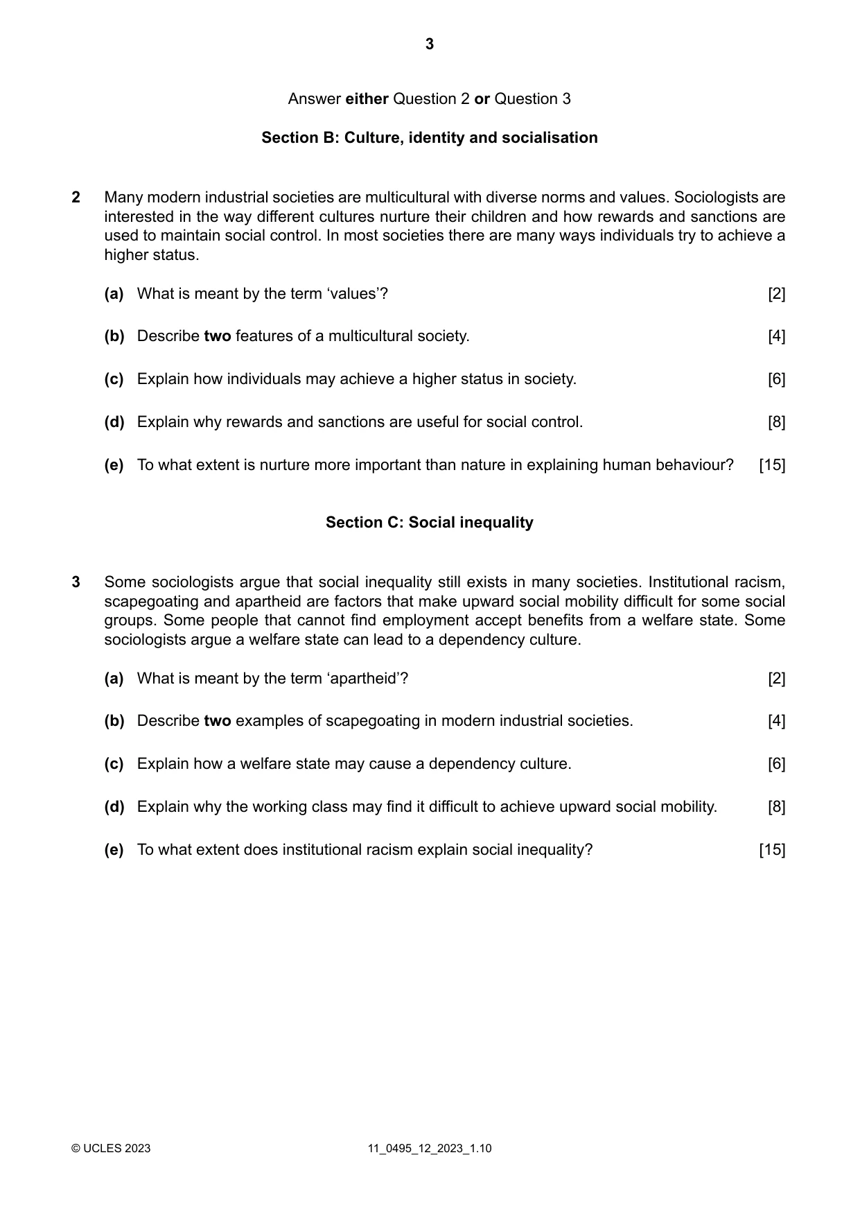Cambridge IGCSE Sociology 0495 2023 Oct/Nov Paper 1 · Variant 2 question paper, page 3 of 4