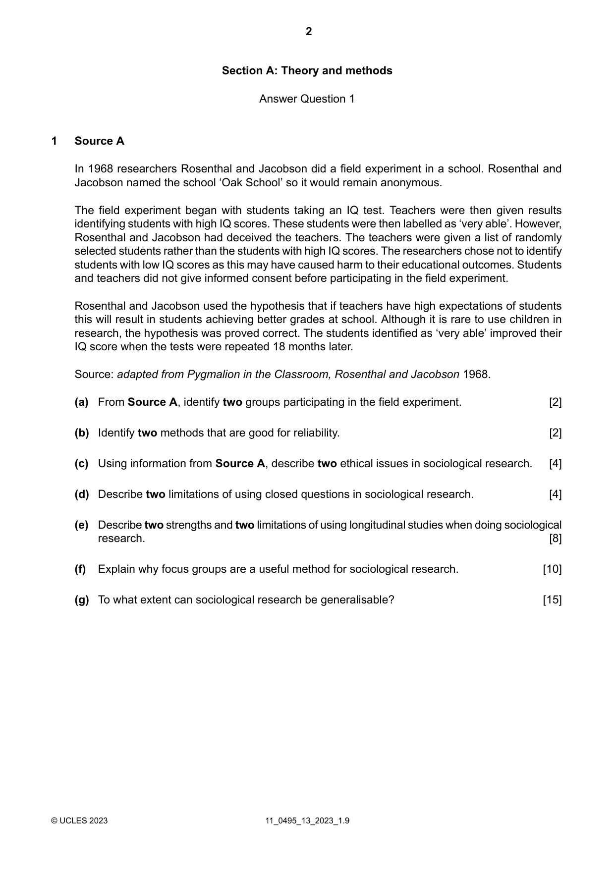 Cambridge IGCSE Sociology 0495 2023 Oct/Nov Paper 1 · Variant 3 question paper, page 2 of 4