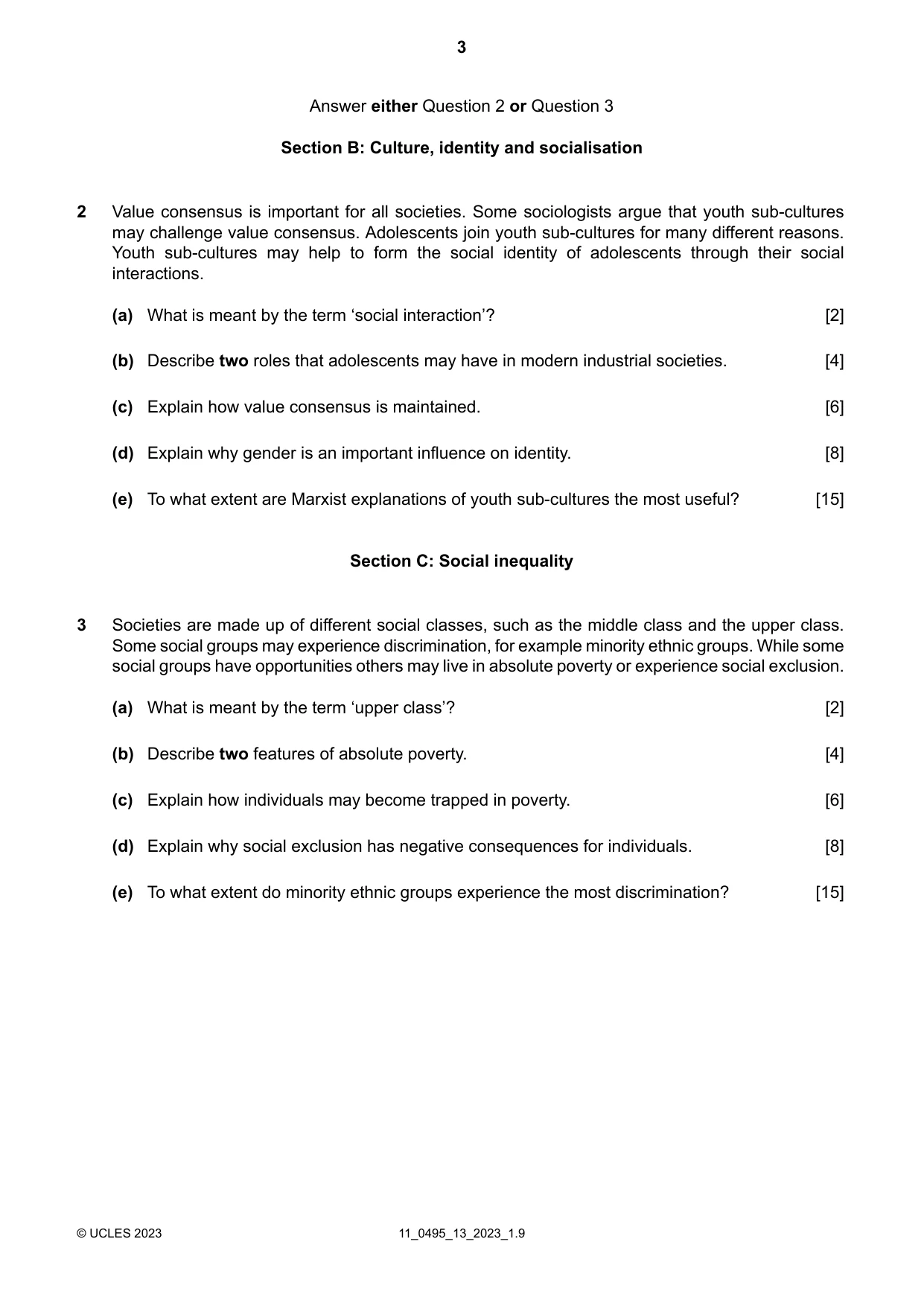 Cambridge IGCSE Sociology 0495 2023 Oct/Nov Paper 1 · Variant 3 question paper, page 3 of 4