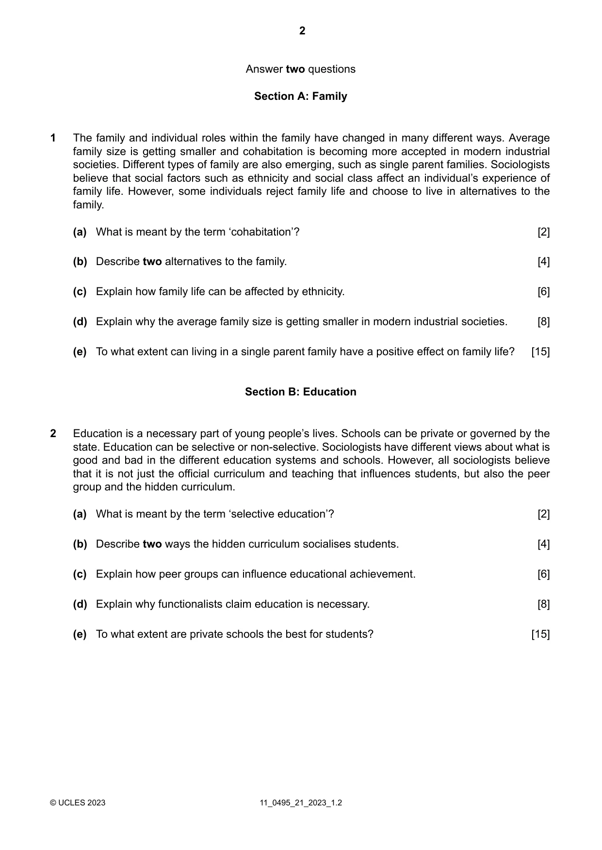 Cambridge IGCSE Sociology 0495 2023 Oct/Nov Paper 2 · Variant 1 question paper, page 2 of 4