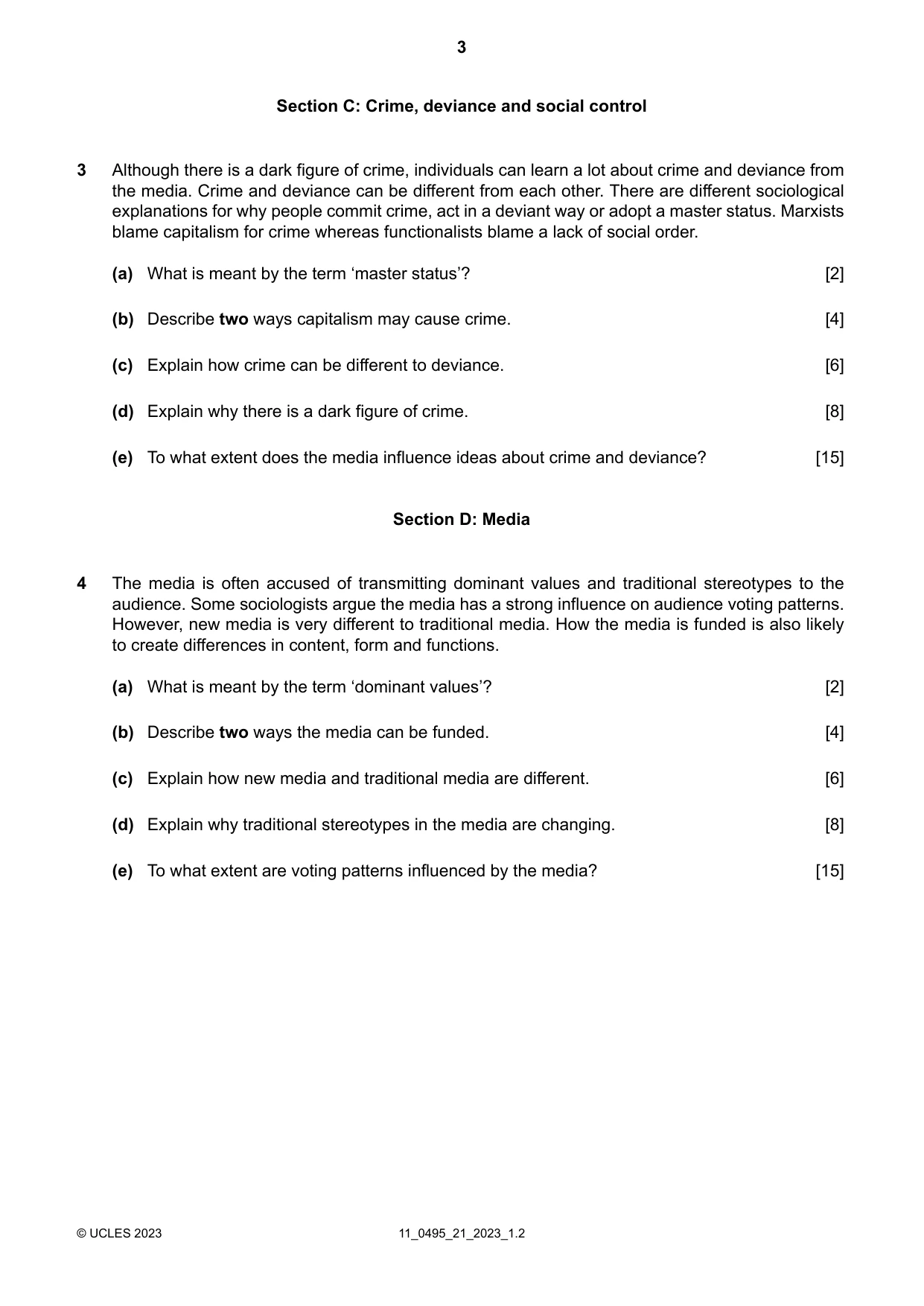Cambridge IGCSE Sociology 0495 2023 Oct/Nov Paper 2 · Variant 1 question paper, page 3 of 4