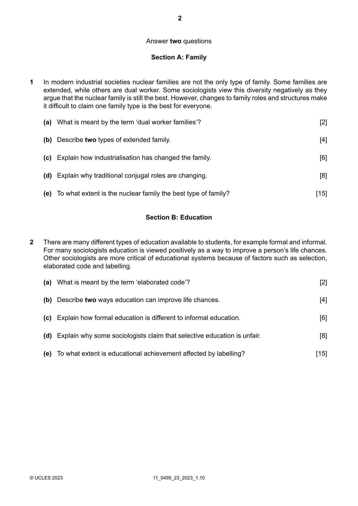 Cambridge IGCSE Sociology 0495 2023 Oct/Nov Paper 2 · Variant 3 question paper, page 2 of 4