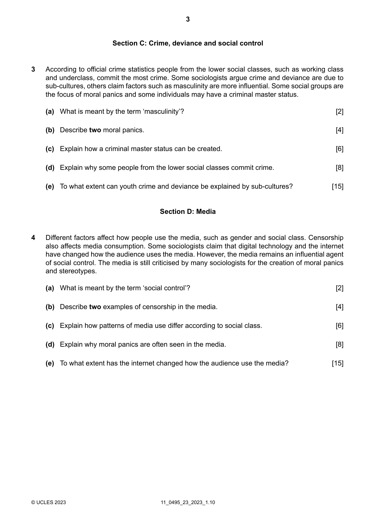 Cambridge IGCSE Sociology 0495 2023 Oct/Nov Paper 2 · Variant 3 question paper, page 3 of 4