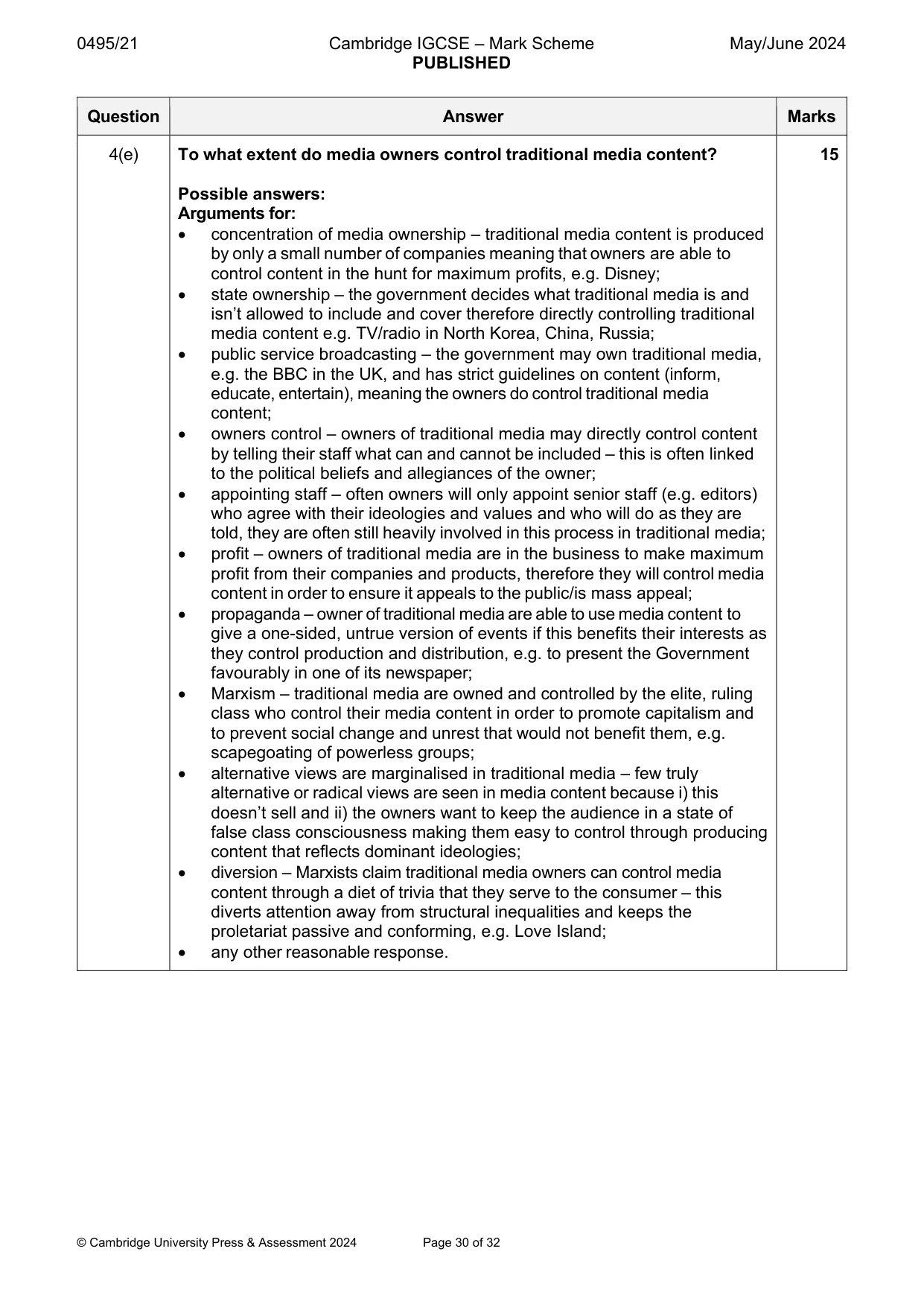 Mark scheme, page 30 of 32