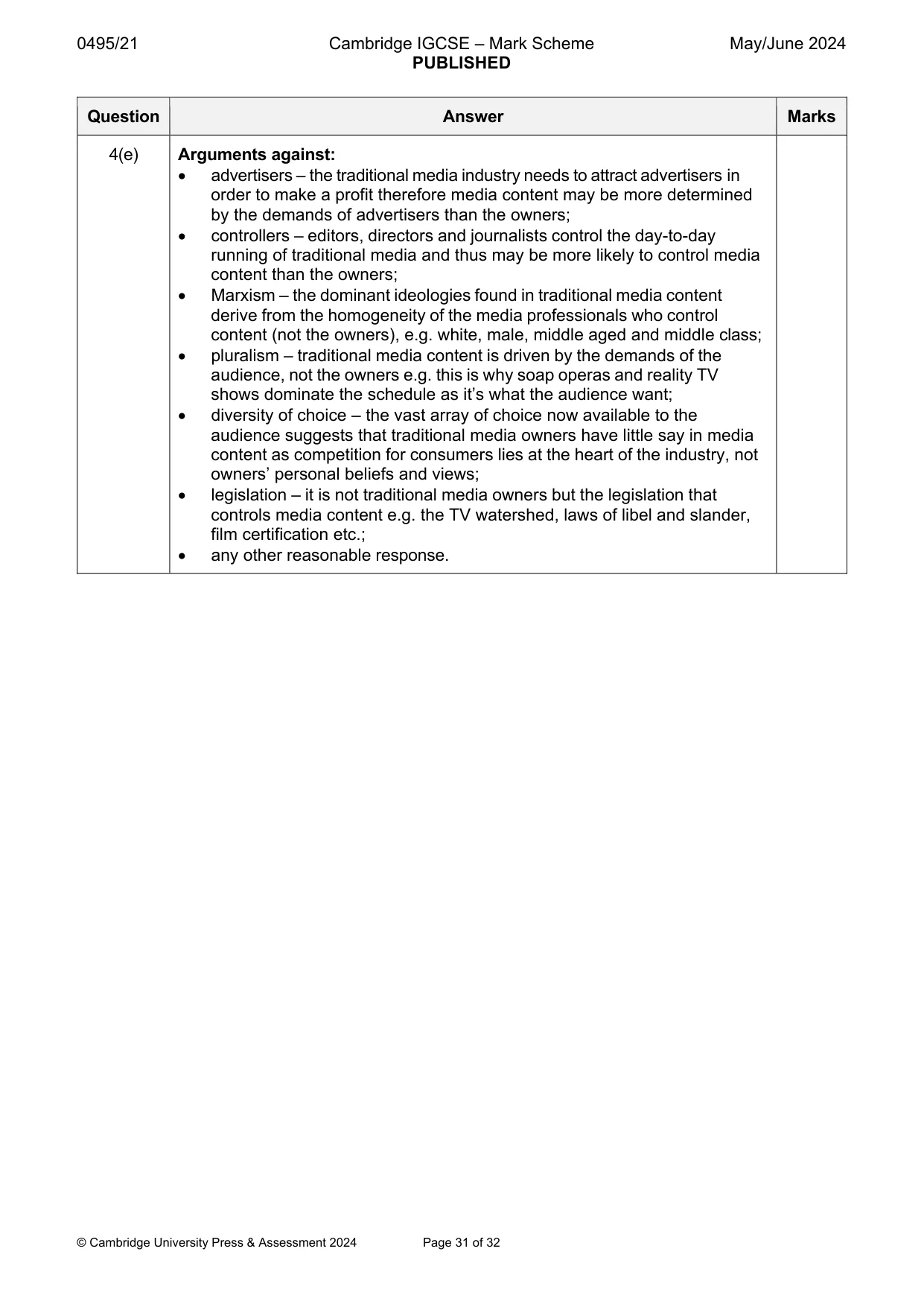 Mark scheme, page 31 of 32