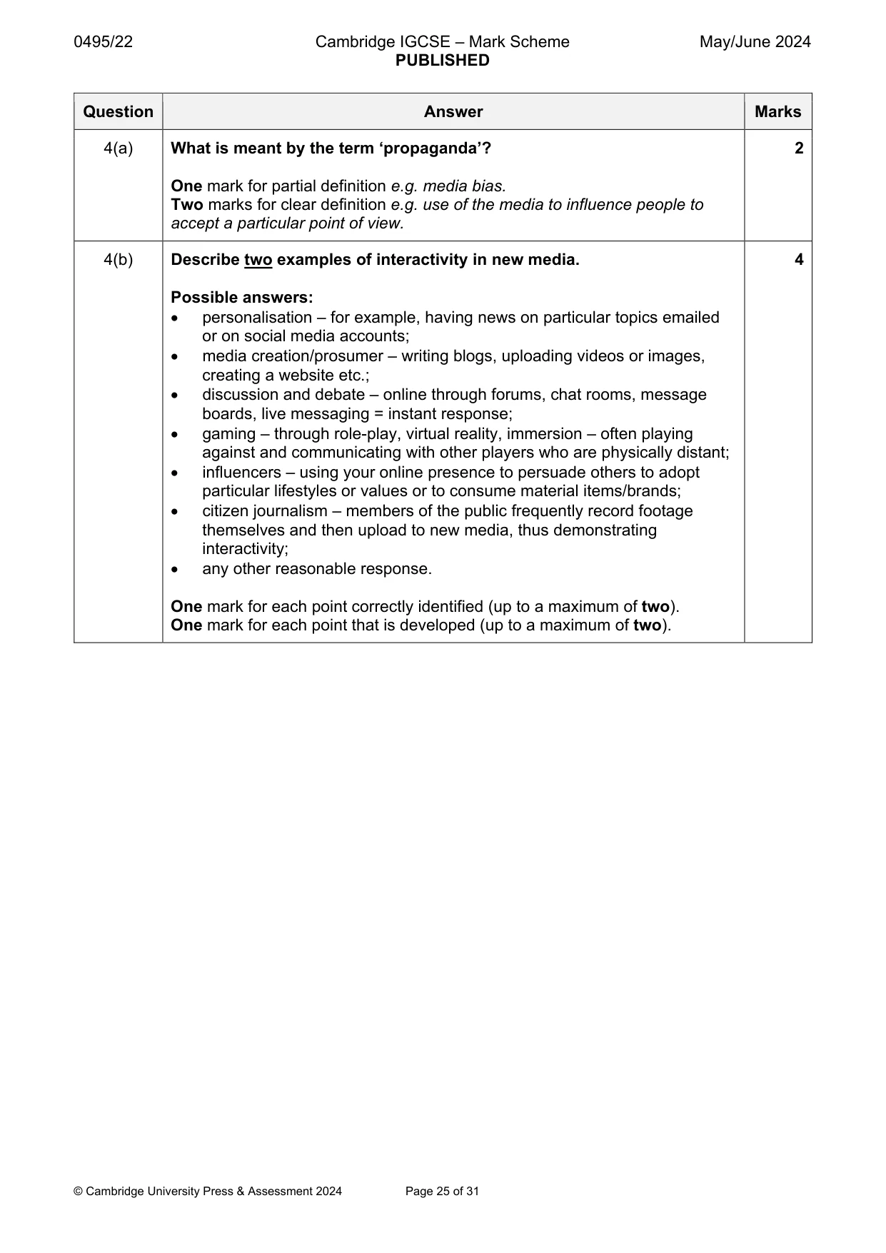 Mark scheme, page 25 of 31