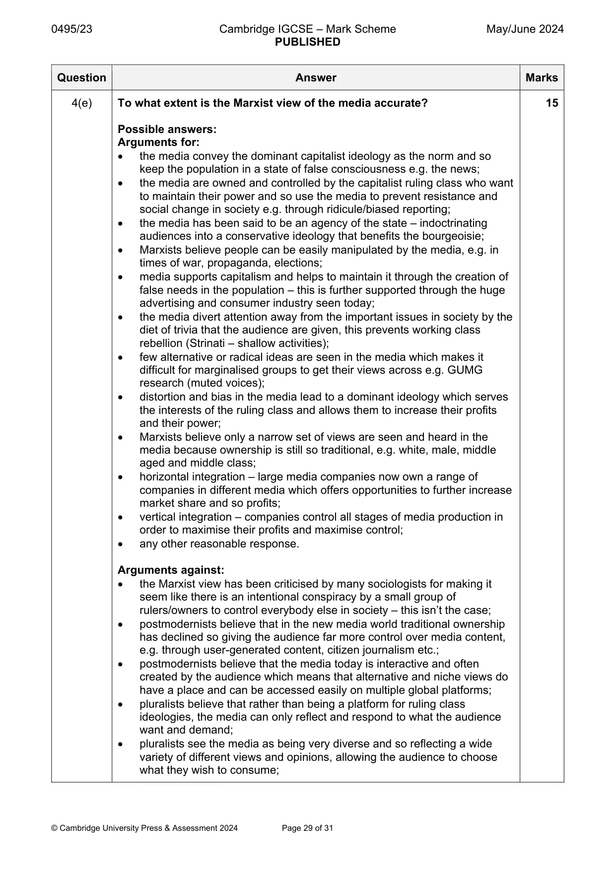 Mark scheme, page 29 of 31