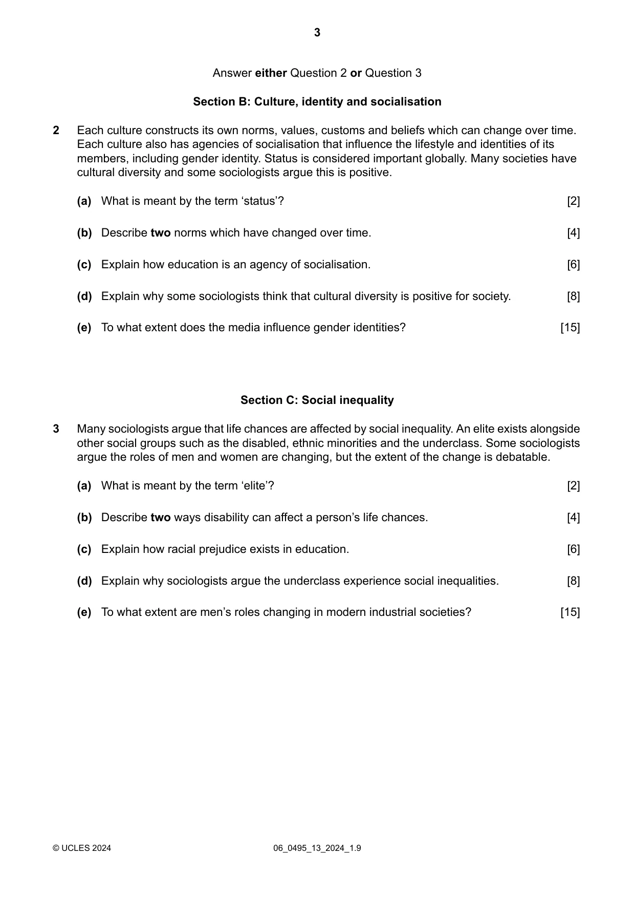 Cambridge IGCSE Sociology 0495 2024 May/June Paper 1 · Variant 3 question paper, page 3 of 4