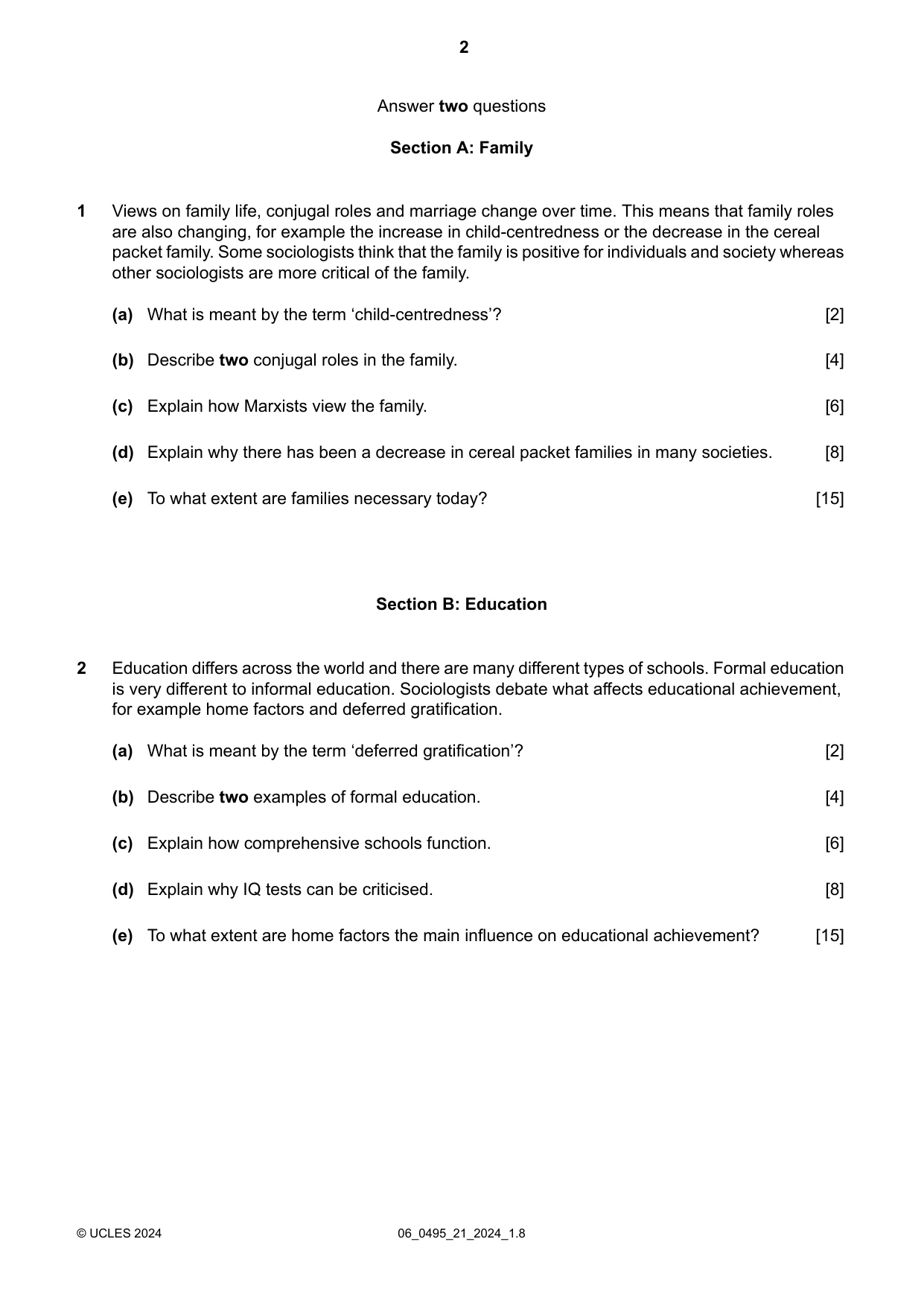 Cambridge IGCSE Sociology 0495 2024 May/June Paper 2 · Variant 1 question paper, page 2 of 4