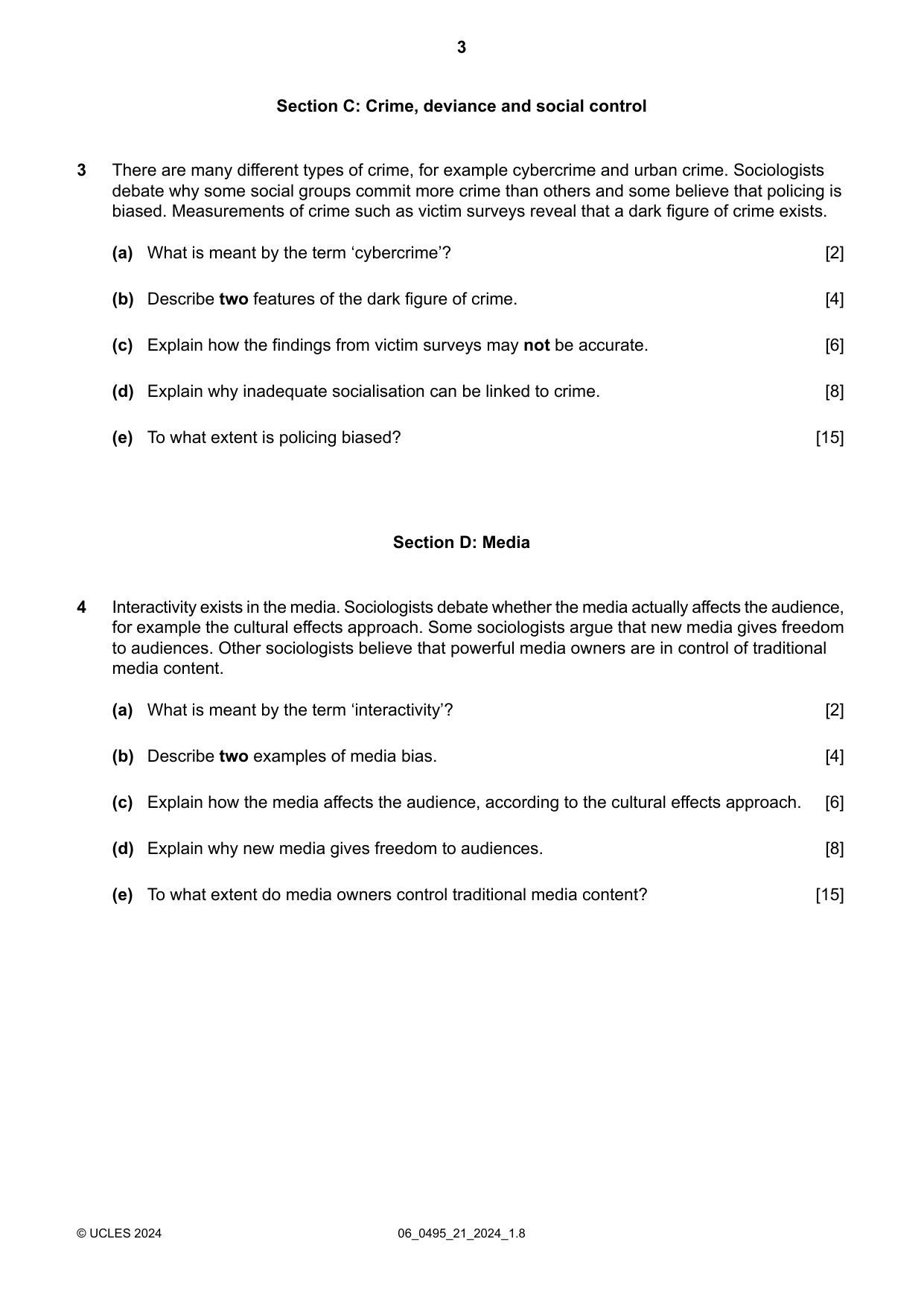Cambridge IGCSE Sociology 0495 2024 May/June Paper 2 · Variant 1 question paper, page 3 of 4
