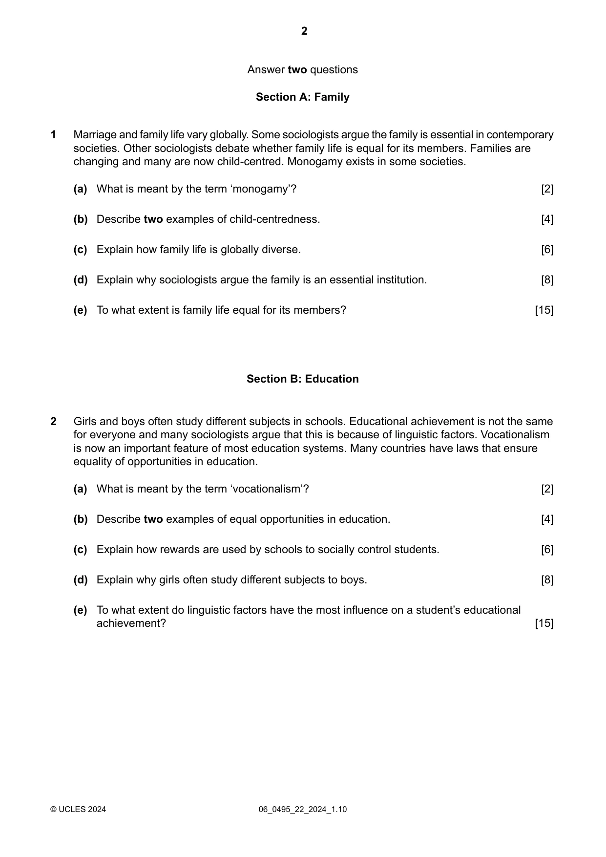 Cambridge IGCSE Sociology 0495 2024 May/June Paper 2 · Variant 2 question paper, page 2 of 4