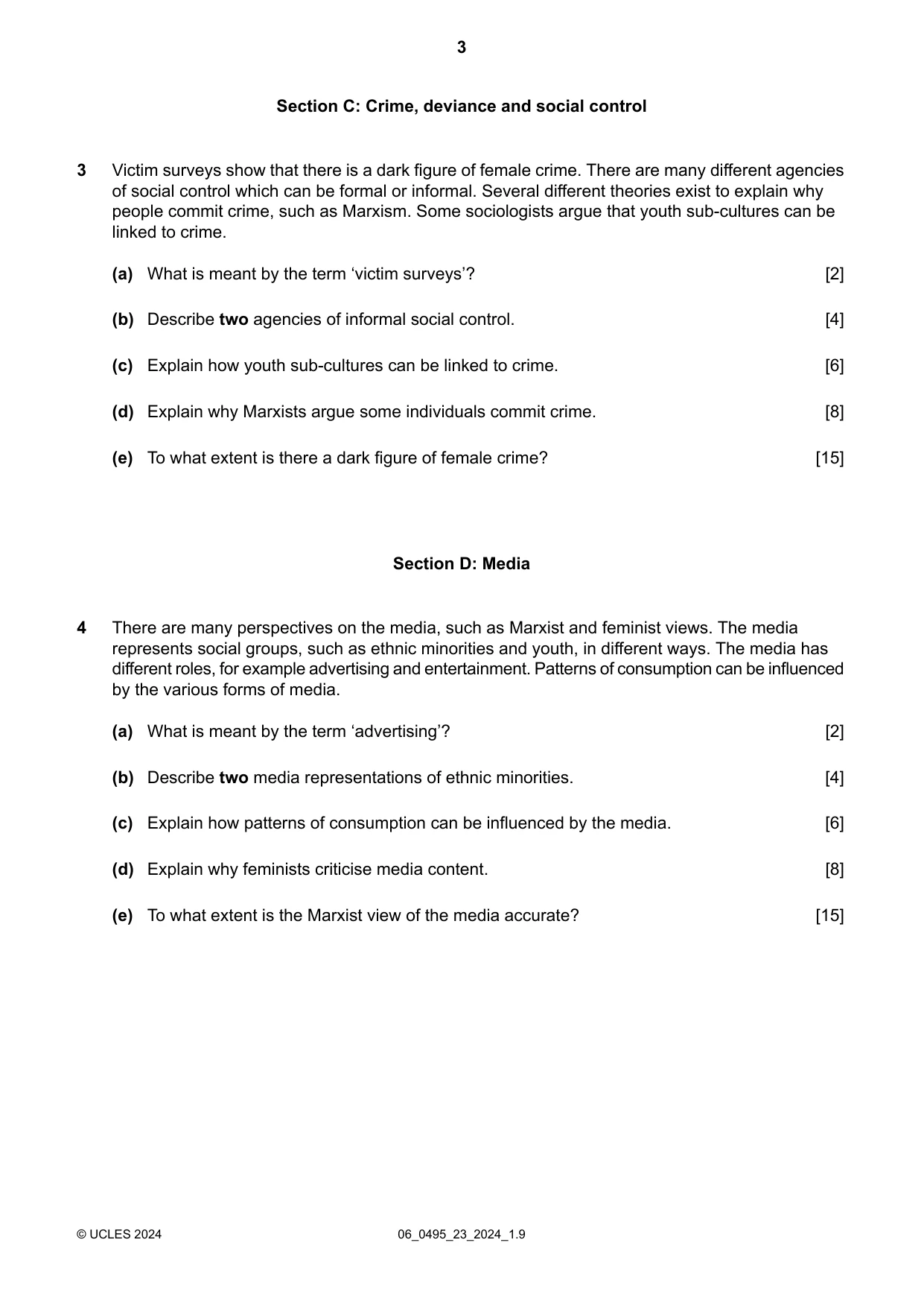 Cambridge IGCSE Sociology 0495 2024 May/June Paper 2 · Variant 3 question paper, page 3 of 4