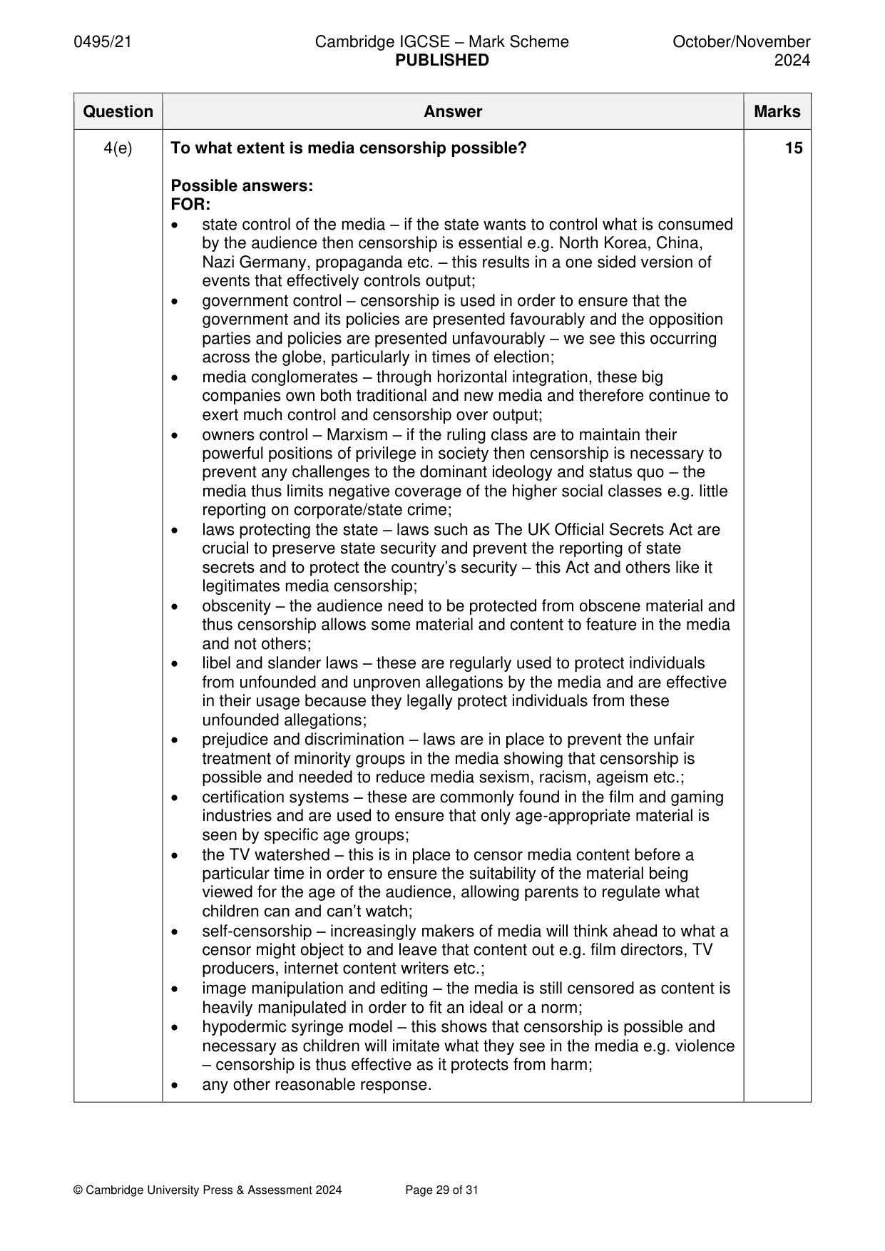 Mark scheme, page 29 of 31