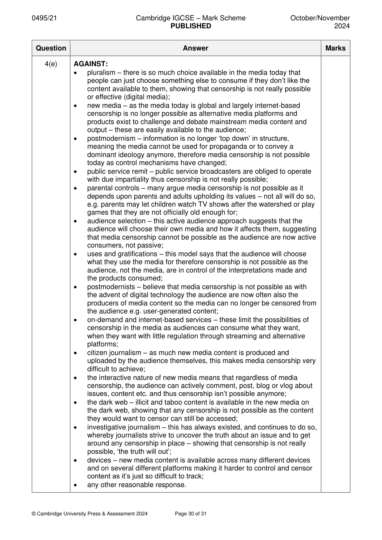 Mark scheme, page 30 of 31