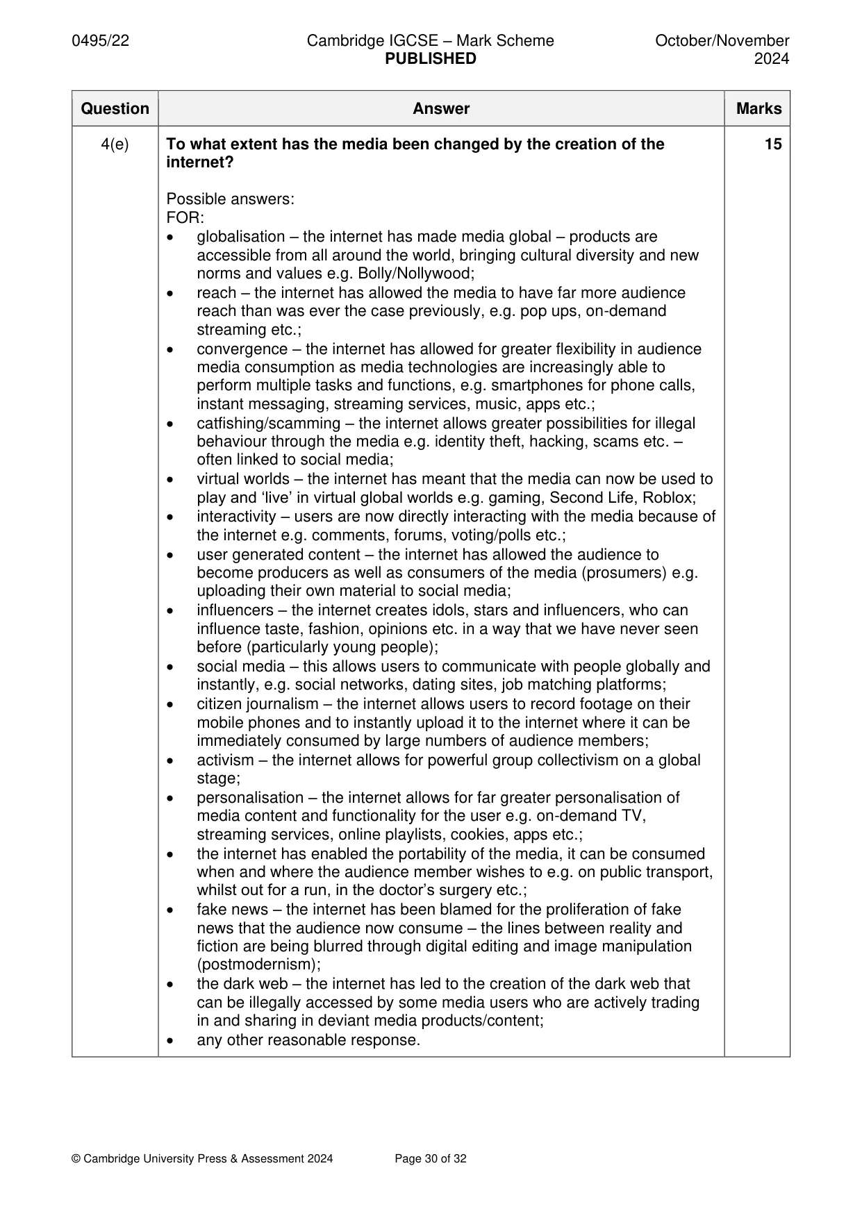 Mark scheme, page 30 of 32