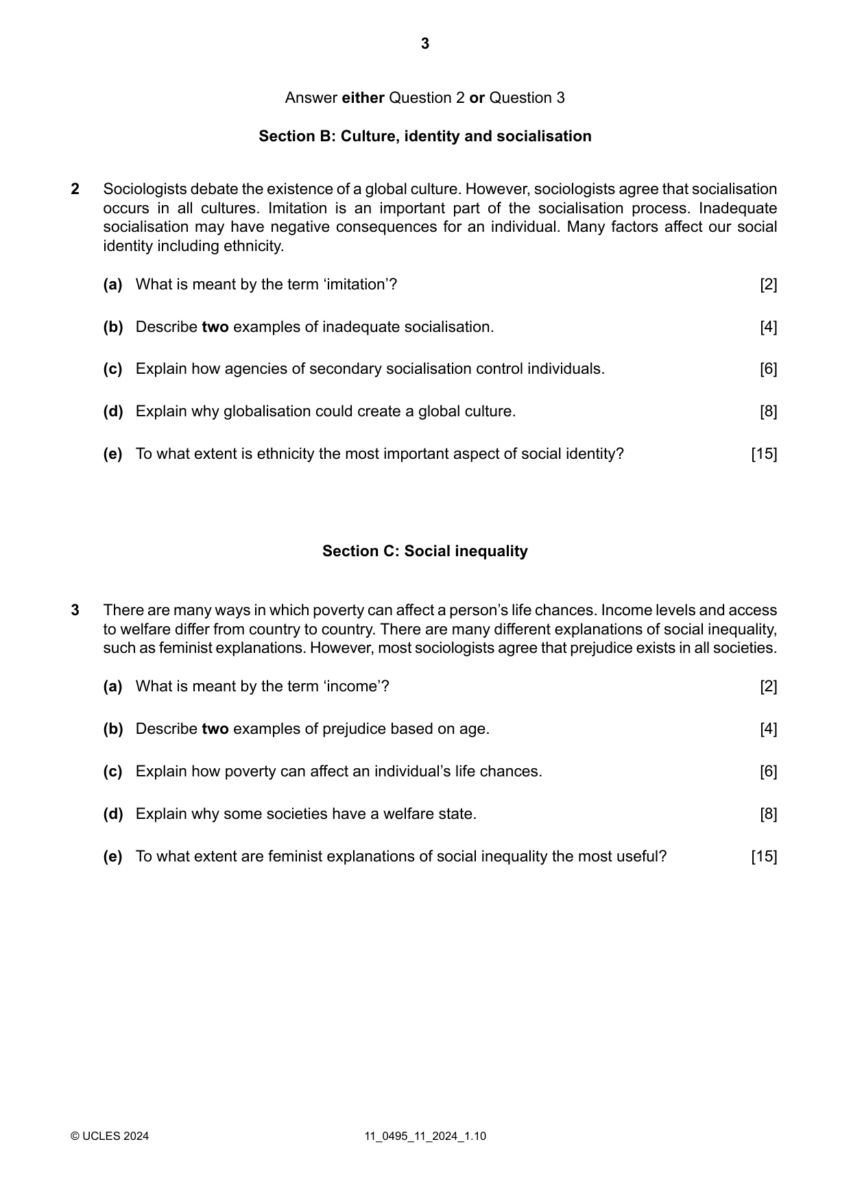 Cambridge IGCSE Sociology 0495 2024 Oct/Nov Paper 1 · Variant 1 question paper, page 3 of 4