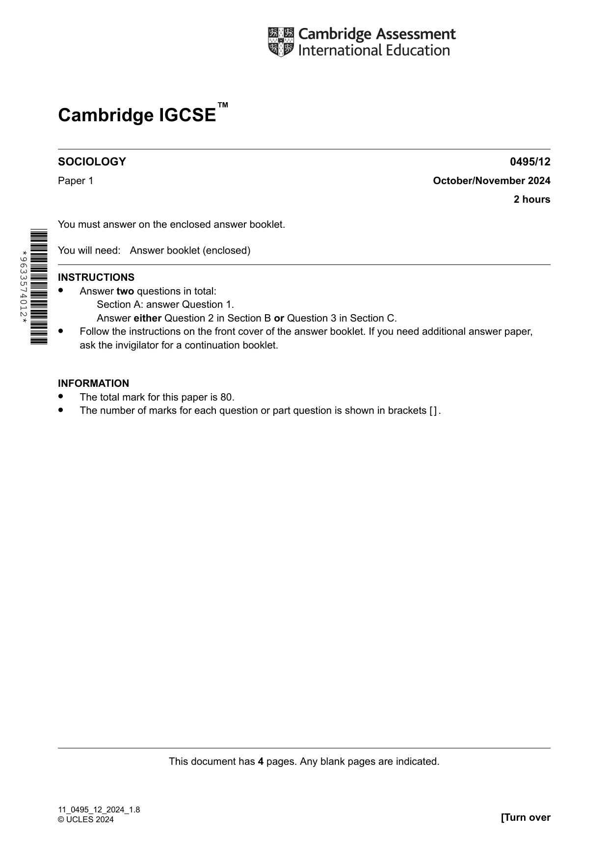 Cambridge IGCSE Sociology 0495 2024 Oct/Nov Paper 1 · Variant 2 question paper, page 1 of 4