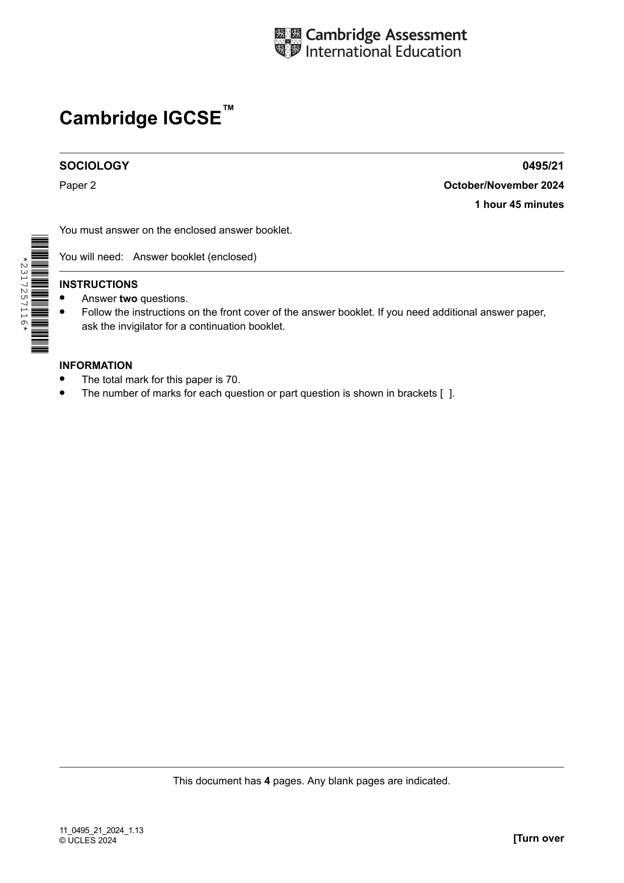 Cambridge IGCSE Sociology 0495 2024 Oct/Nov Paper 2 · Variant 1 question paper, page 1 of 4