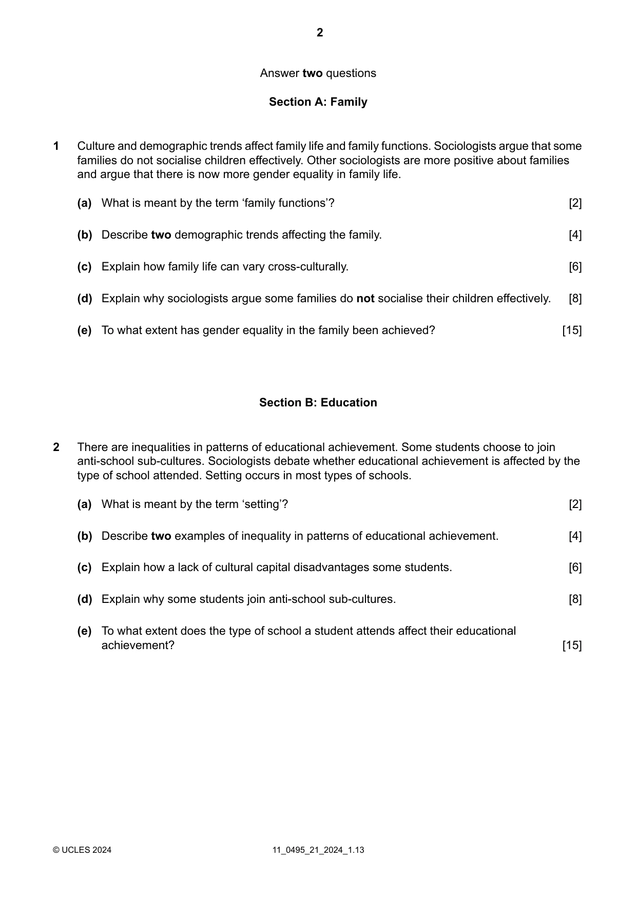 Cambridge IGCSE Sociology 0495 2024 Oct/Nov Paper 2 · Variant 1 question paper, page 2 of 4
