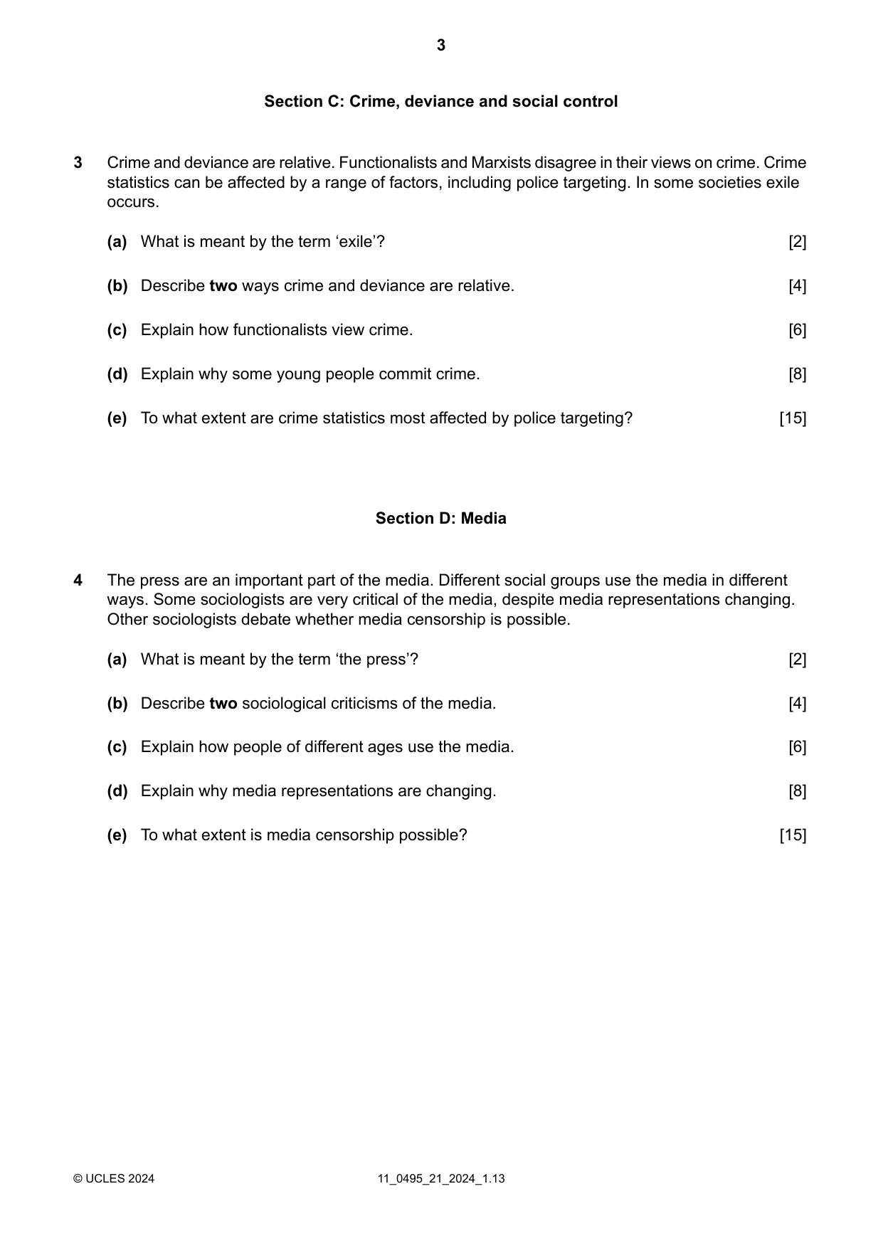 Cambridge IGCSE Sociology 0495 2024 Oct/Nov Paper 2 · Variant 1 question paper, page 3 of 4