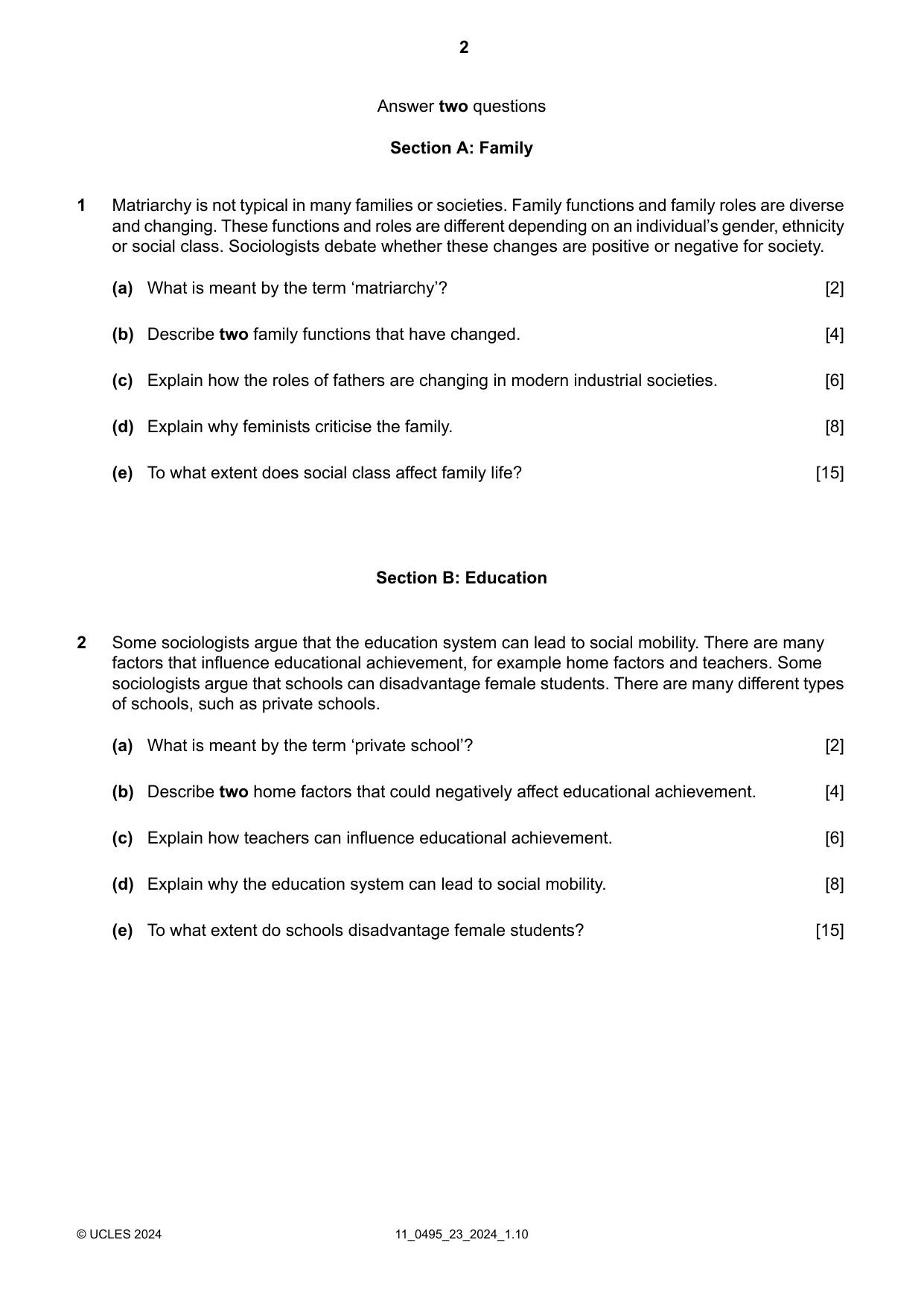 Cambridge IGCSE Sociology 0495 2024 Oct/Nov Paper 2 · Variant 3 question paper, page 2 of 4