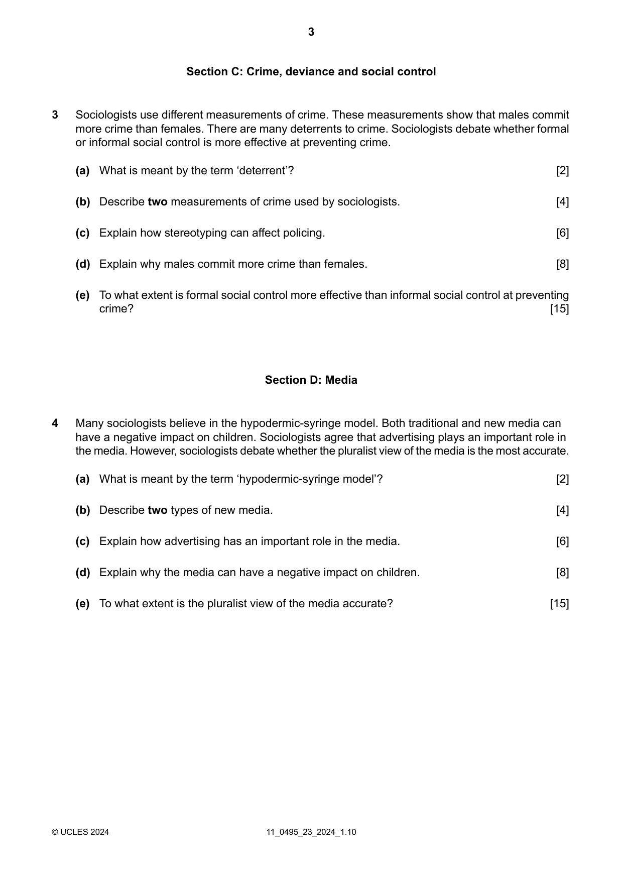 Cambridge IGCSE Sociology 0495 2024 Oct/Nov Paper 2 · Variant 3 question paper, page 3 of 4