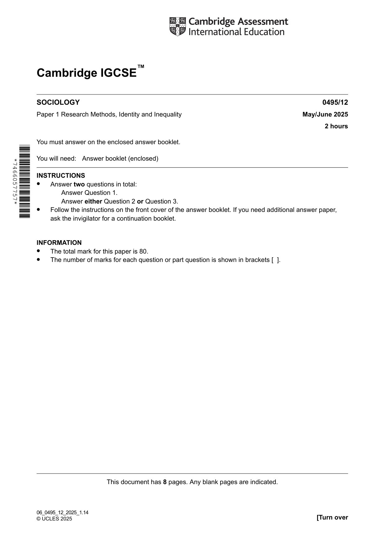 Cambridge IGCSE Sociology 0495 2025 May/June Paper 1 · Variant 2 question paper, page 1 of 8