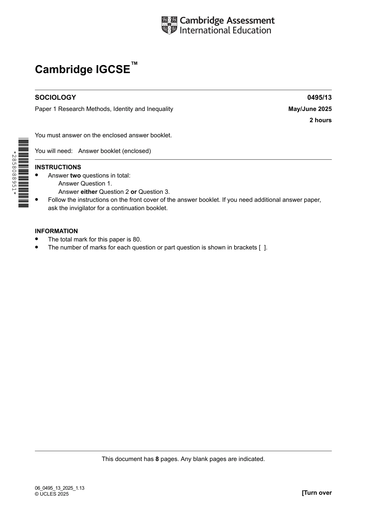 Cambridge IGCSE Sociology 0495 2025 May/June Paper 1 · Variant 3 question paper, page 1 of 8