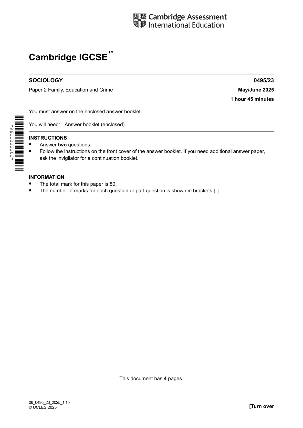 Cambridge IGCSE Sociology 0495 2025 May/June Paper 2 · Variant 3 question paper, page 1 of 4