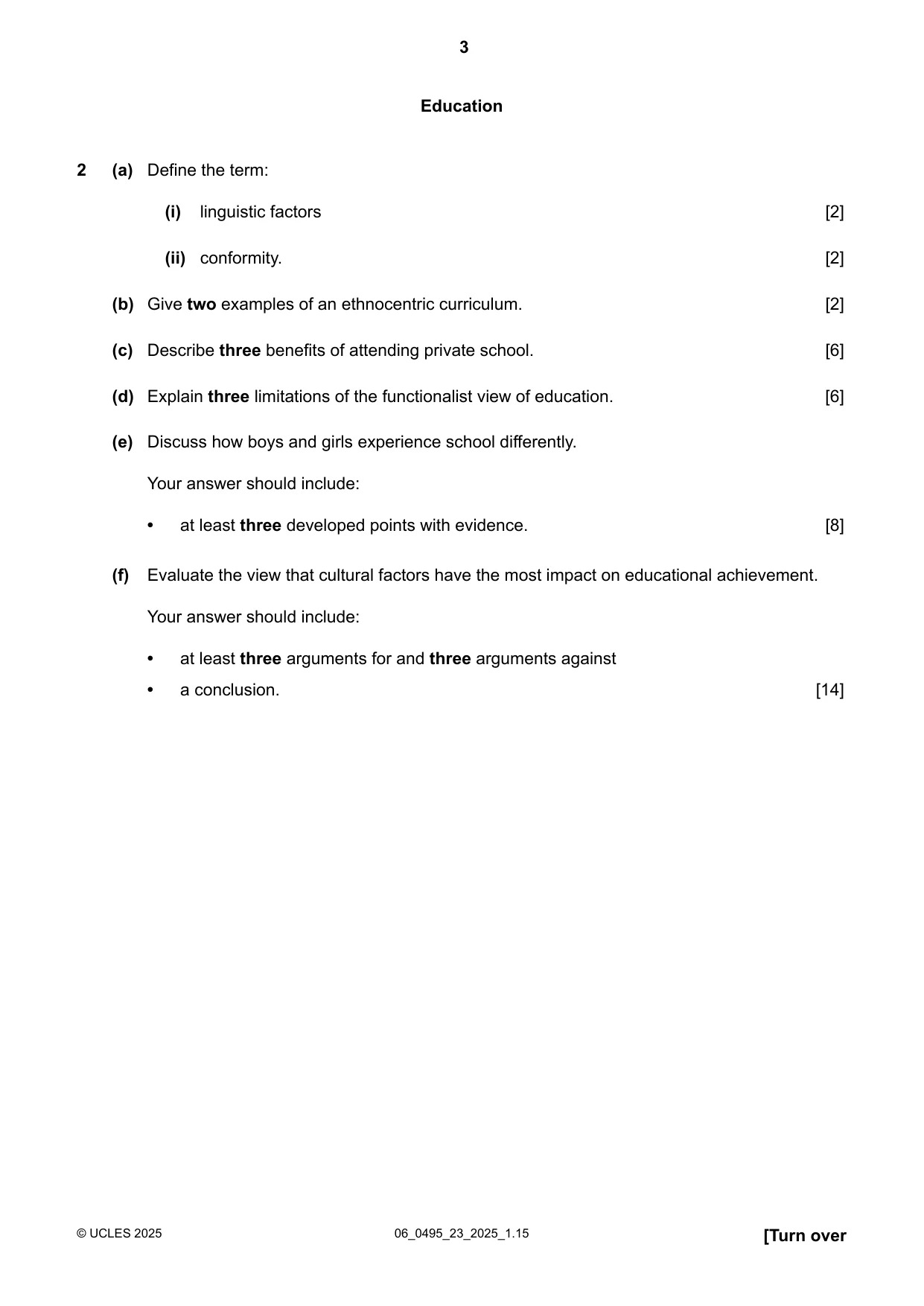 Cambridge IGCSE Sociology 0495 2025 May/June Paper 2 · Variant 3 question paper, page 3 of 4