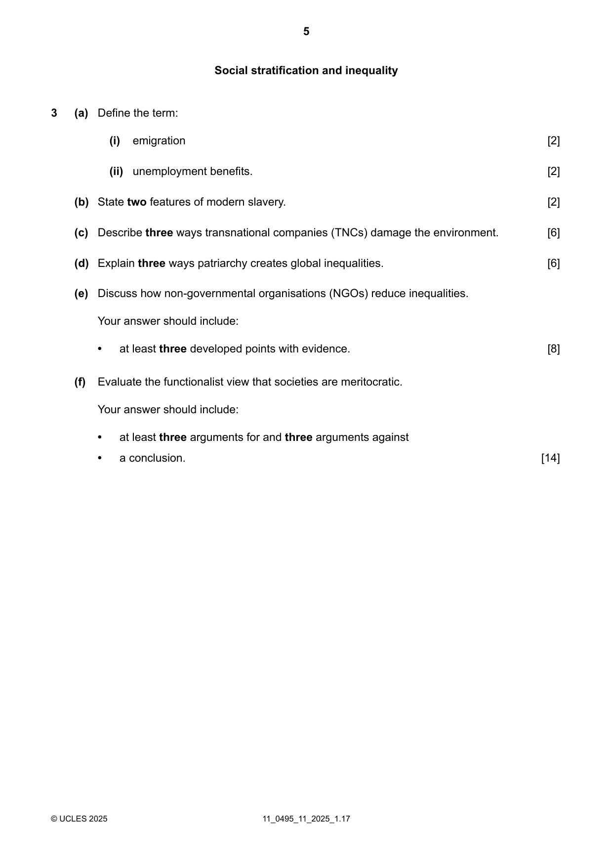 Cambridge IGCSE Sociology 0495 2025 Oct/Nov Paper 1 · Variant 1 question paper, page 5 of 8