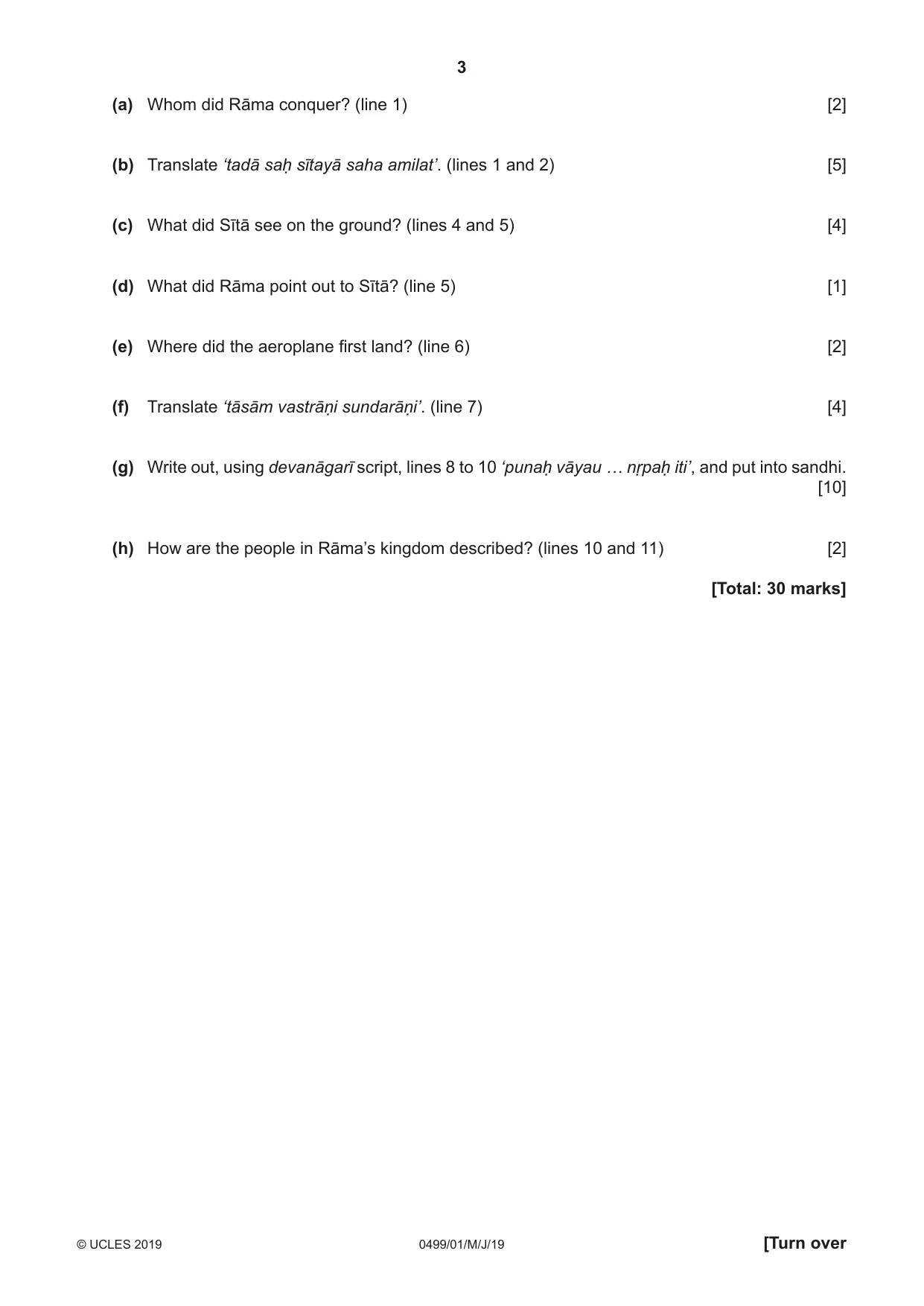 Cambridge IGCSE Sanskrit 0499 2019 May/June Paper 1 · Variant 1 question paper, page 3 of 8