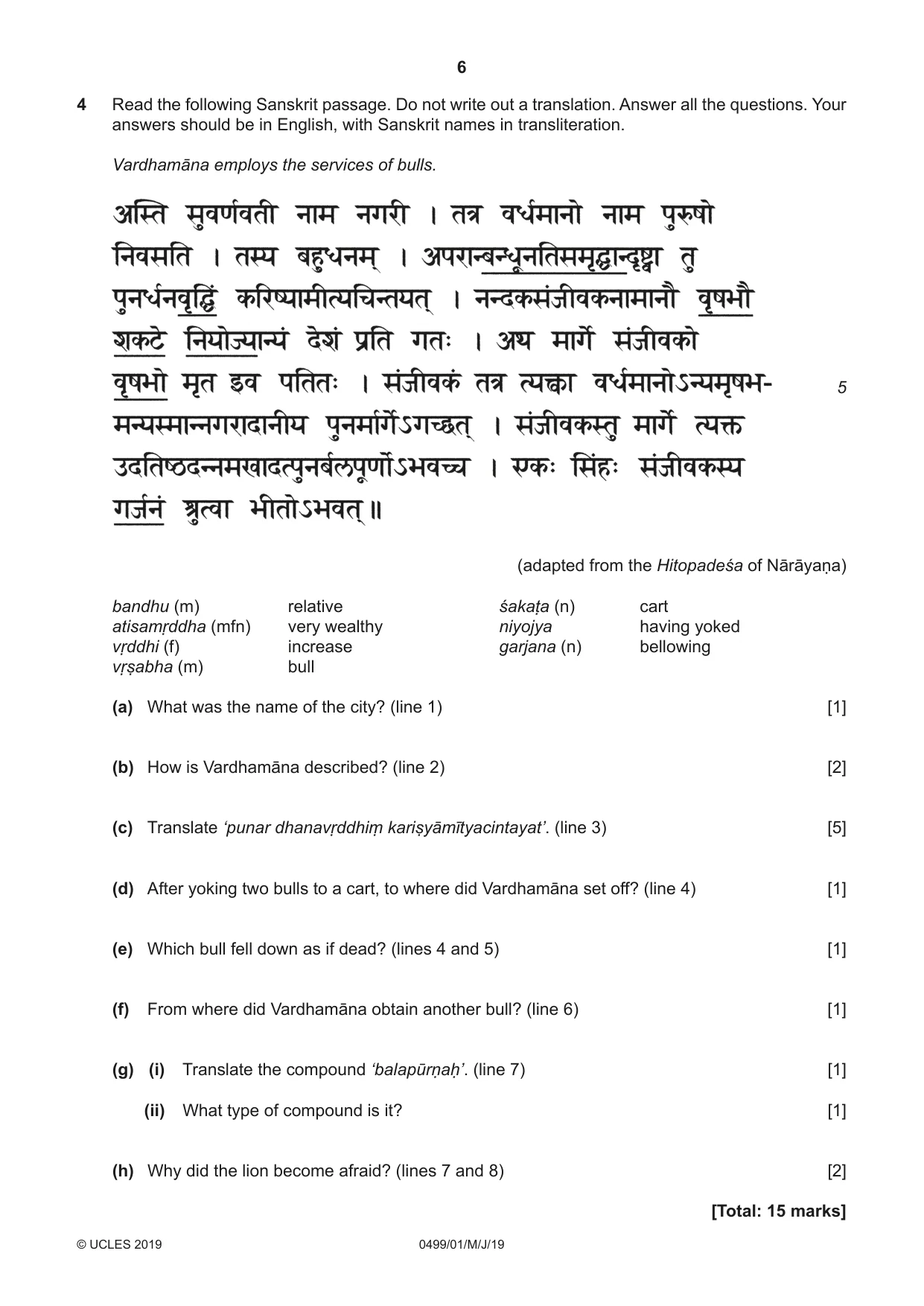 Cambridge IGCSE Sanskrit 0499 2019 May/June Paper 1 · Variant 1 question paper, page 6 of 8